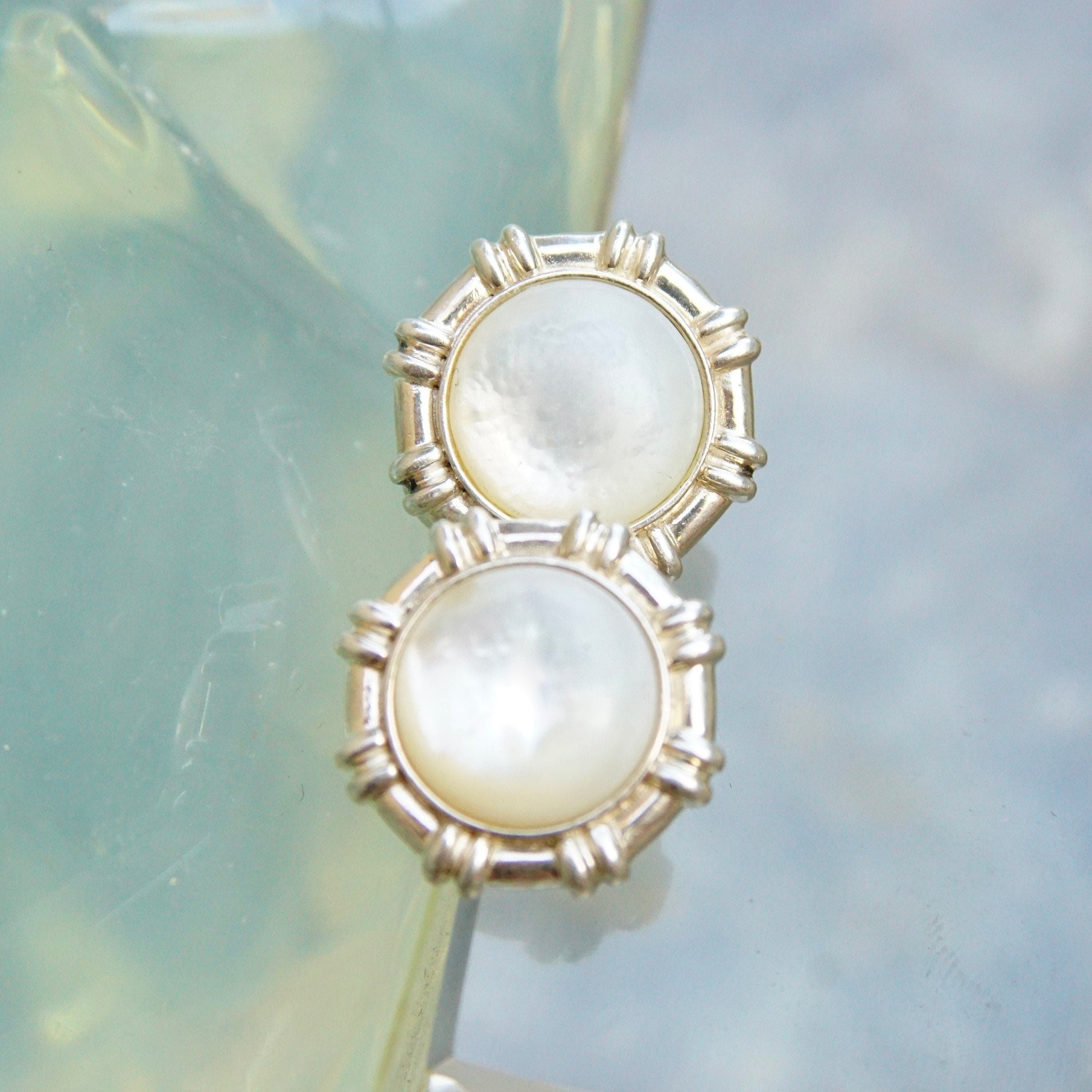 Sterling Silver Mother Of Pearl Button Studs, Iridescent Cabochon, Omega Back Earrings, 3/4"