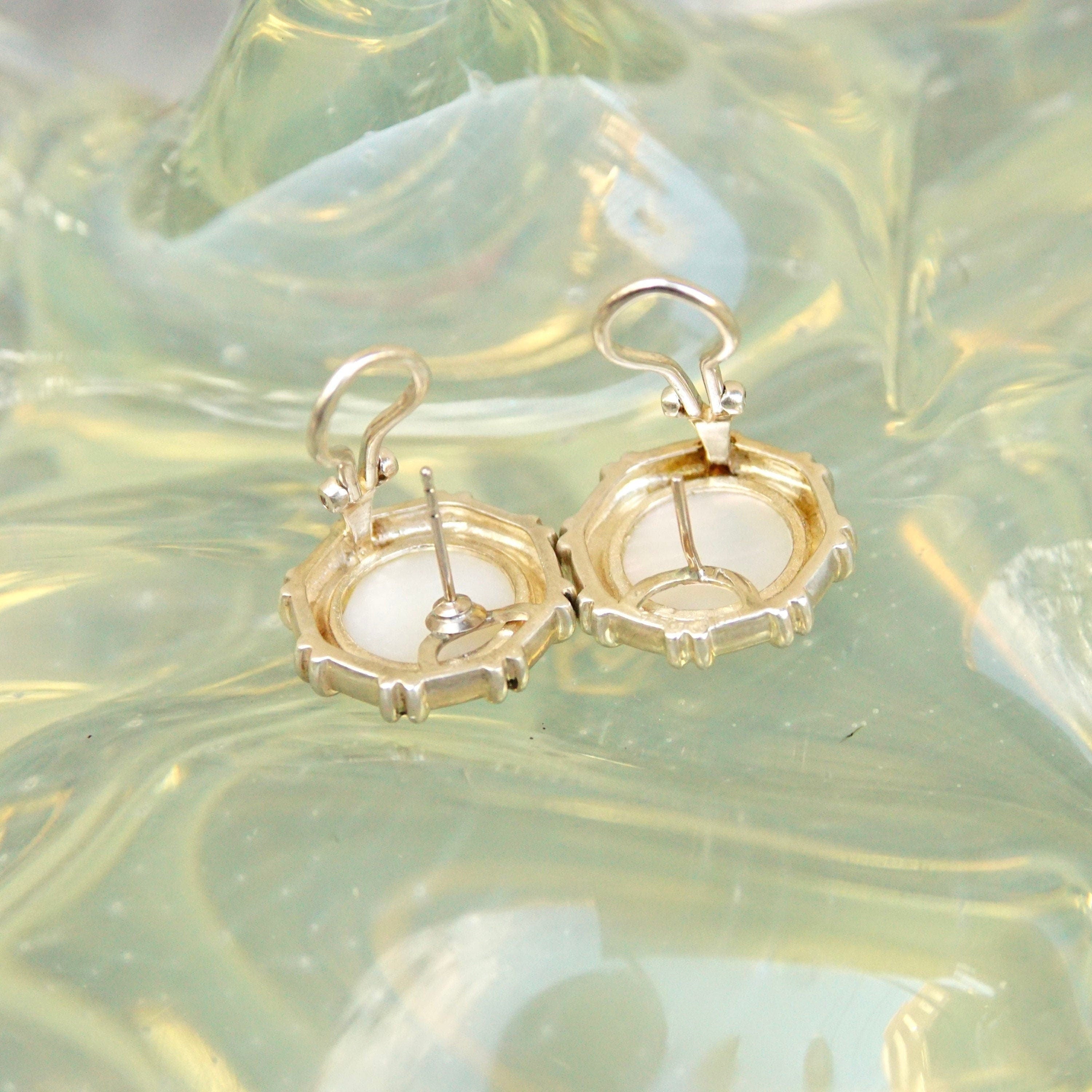 Sterling Silver Mother Of Pearl Button Studs, Iridescent Cabochon, Omega Back Earrings, 3/4"