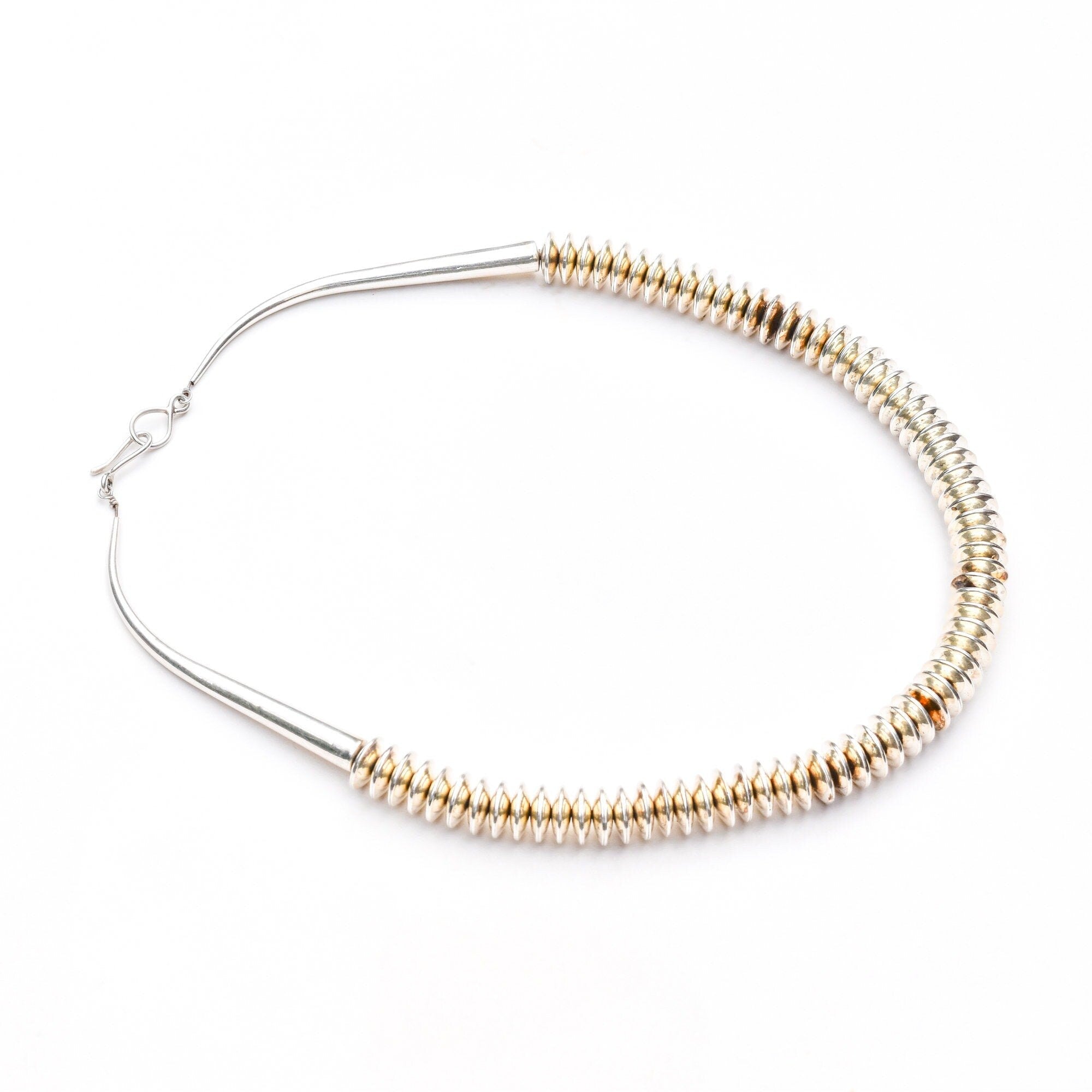 Modernist Heavy Sterling Silver Navajo Pearl Necklace, Saucer-Beads, Native American Jewelry, 23 3/4" L