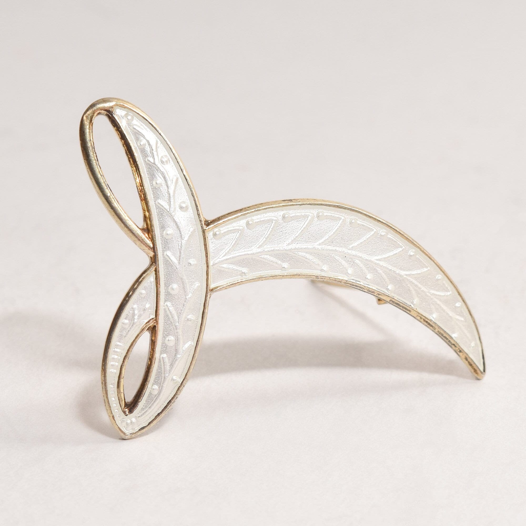 Signed Aksel Holmsen Norway Sterling Gilt White Enamel Guilloche Brooch, Modernist Abstract Design, 44mm