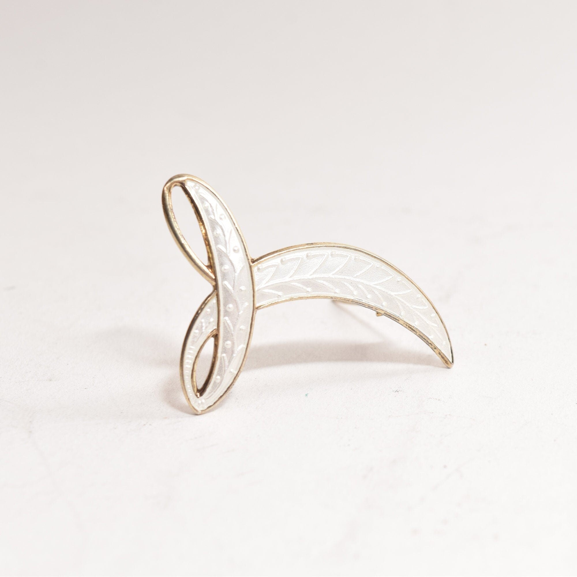 Signed Aksel Holmsen Norway Sterling Gilt White Enamel Guilloche Brooch, Modernist Abstract Design, 44mm