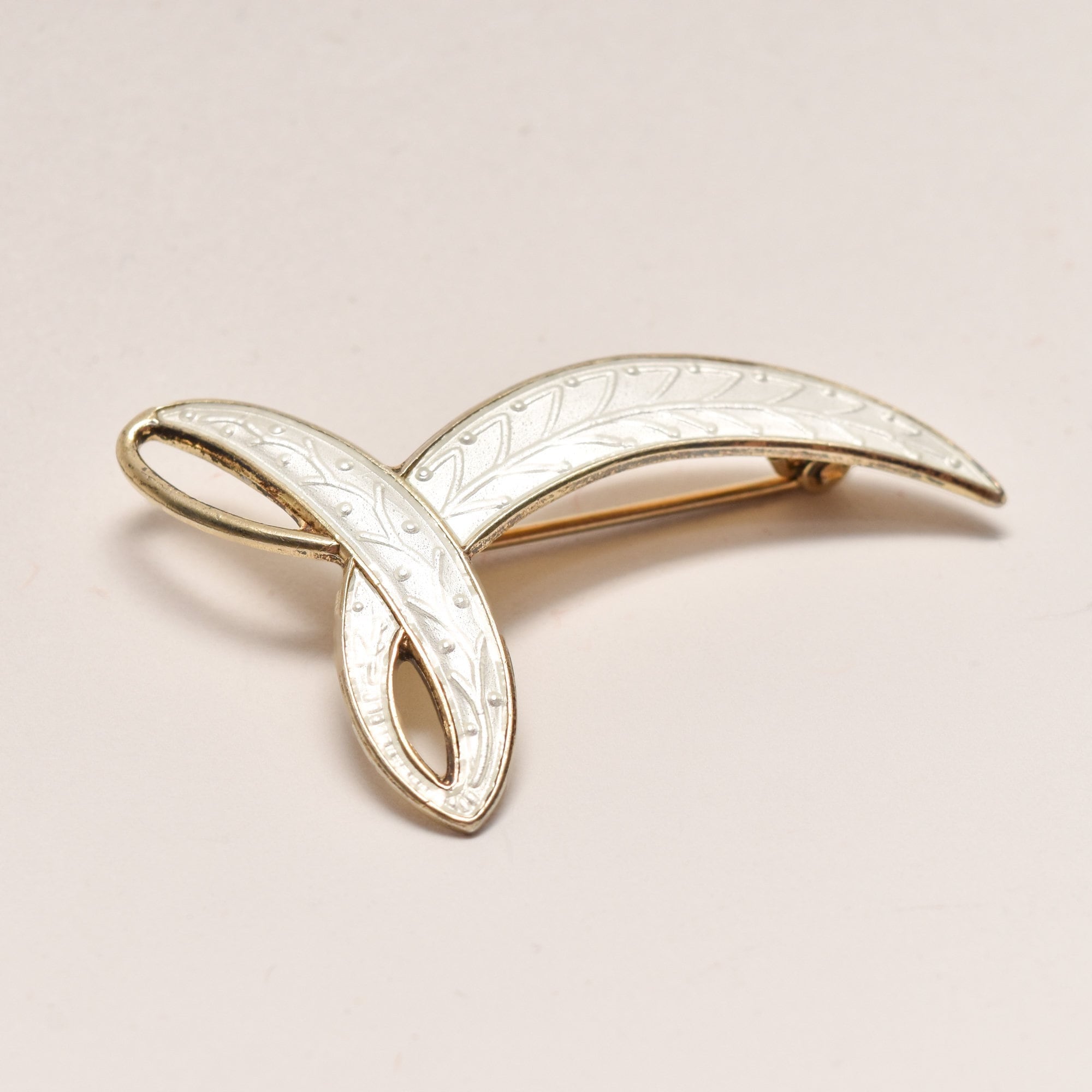 Signed Aksel Holmsen Norway Sterling Gilt White Enamel Guilloche Brooch, Modernist Abstract Design, 44mm
