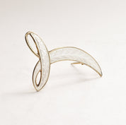 Signed Aksel Holmsen Norway Sterling Gilt White Enamel Guilloche Brooch, Modernist Abstract Design, 44mm