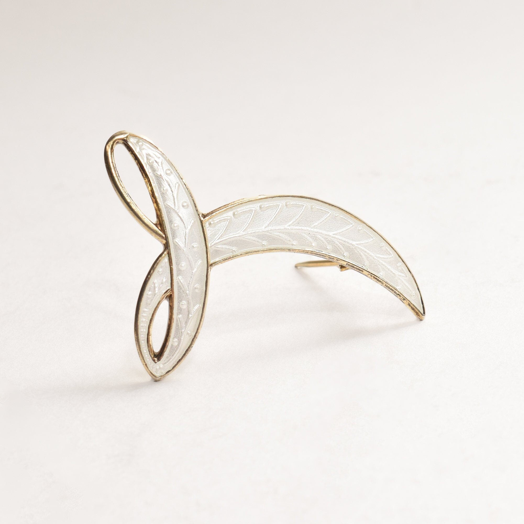 Signed Aksel Holmsen Norway Sterling Gilt White Enamel Guilloche Brooch, Modernist Abstract Design, 44mm