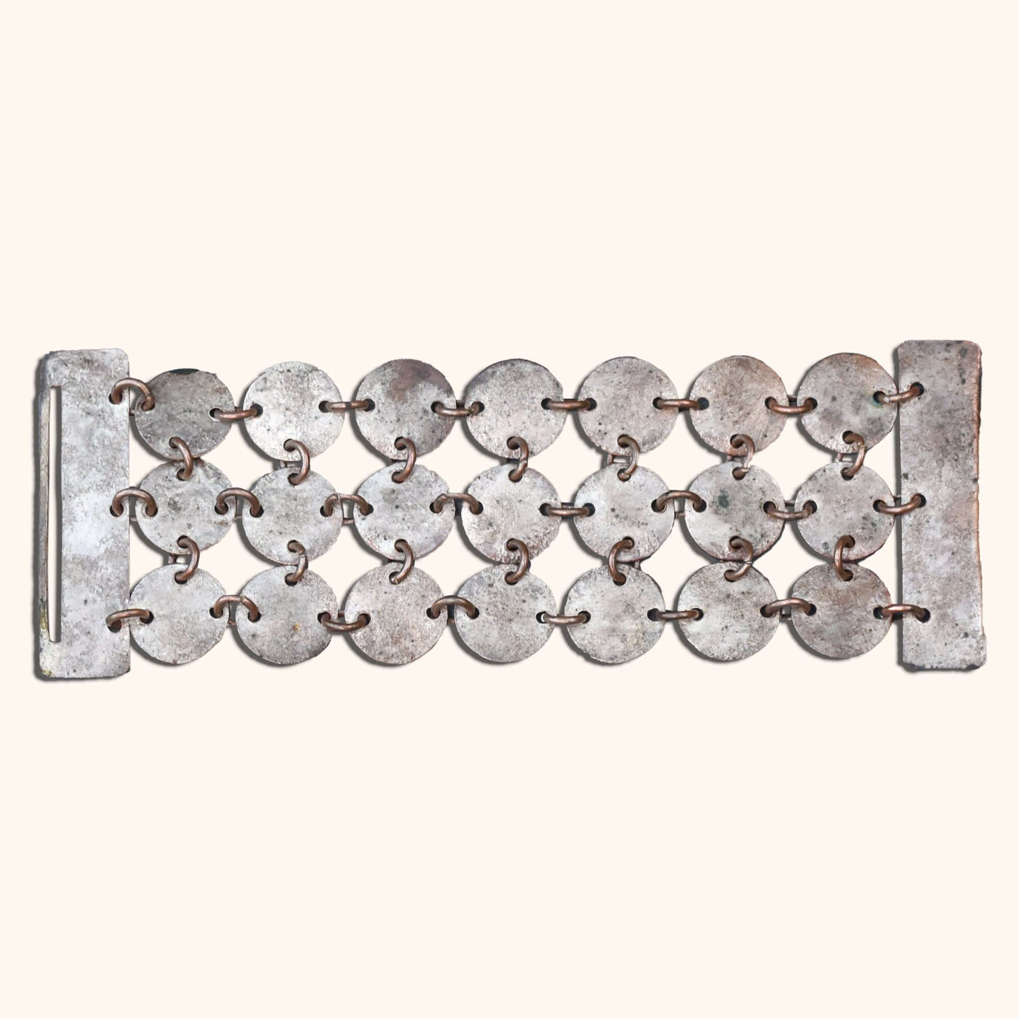 Handmade Mixed Metal Hammered Disc Bracelet, Wide 3-Row Chainmail Cuff, Bohemian Jewelry, 7" L