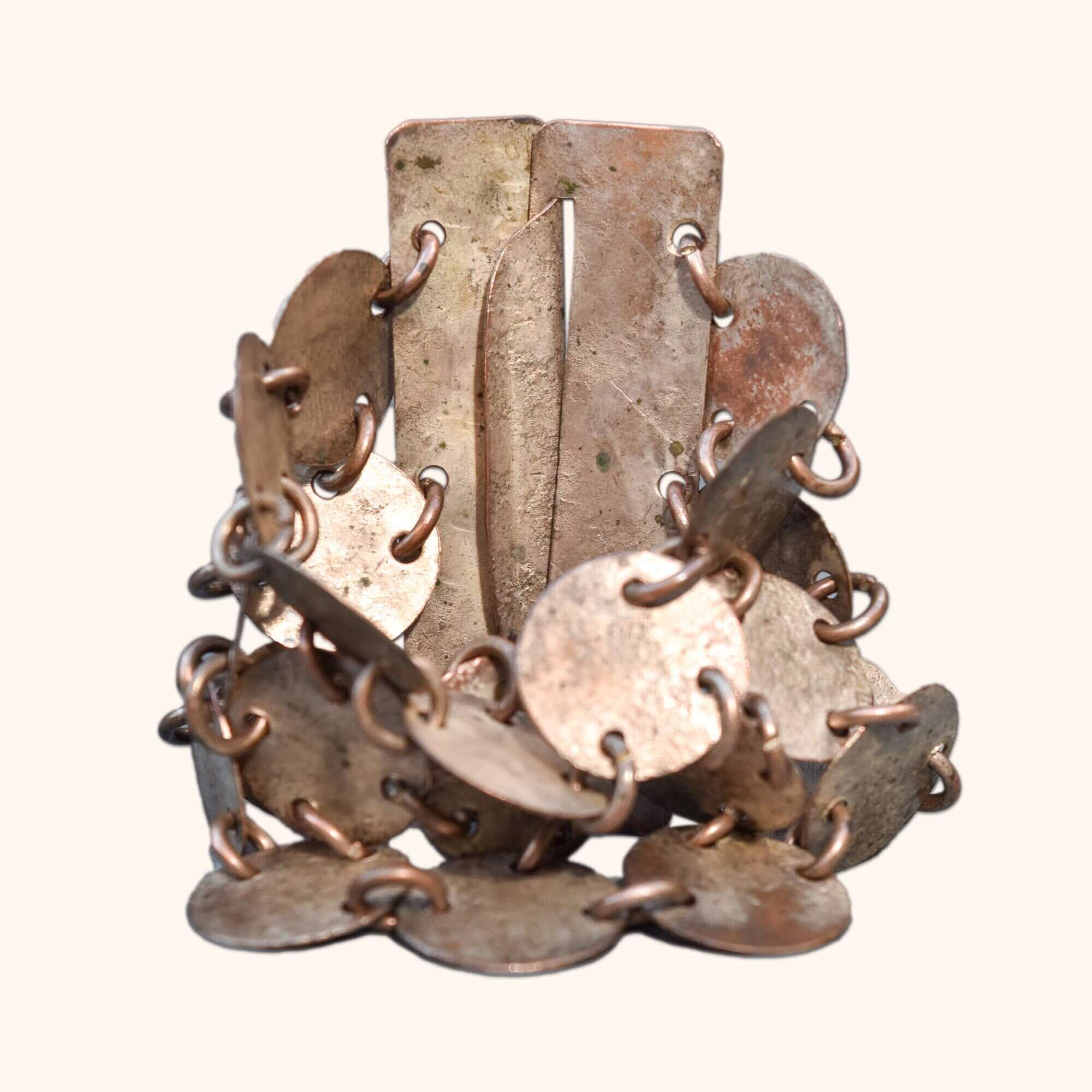 Handmade Mixed Metal Hammered Disc Bracelet, Wide 3-Row Chainmail Cuff, Bohemian Jewelry, 7" L