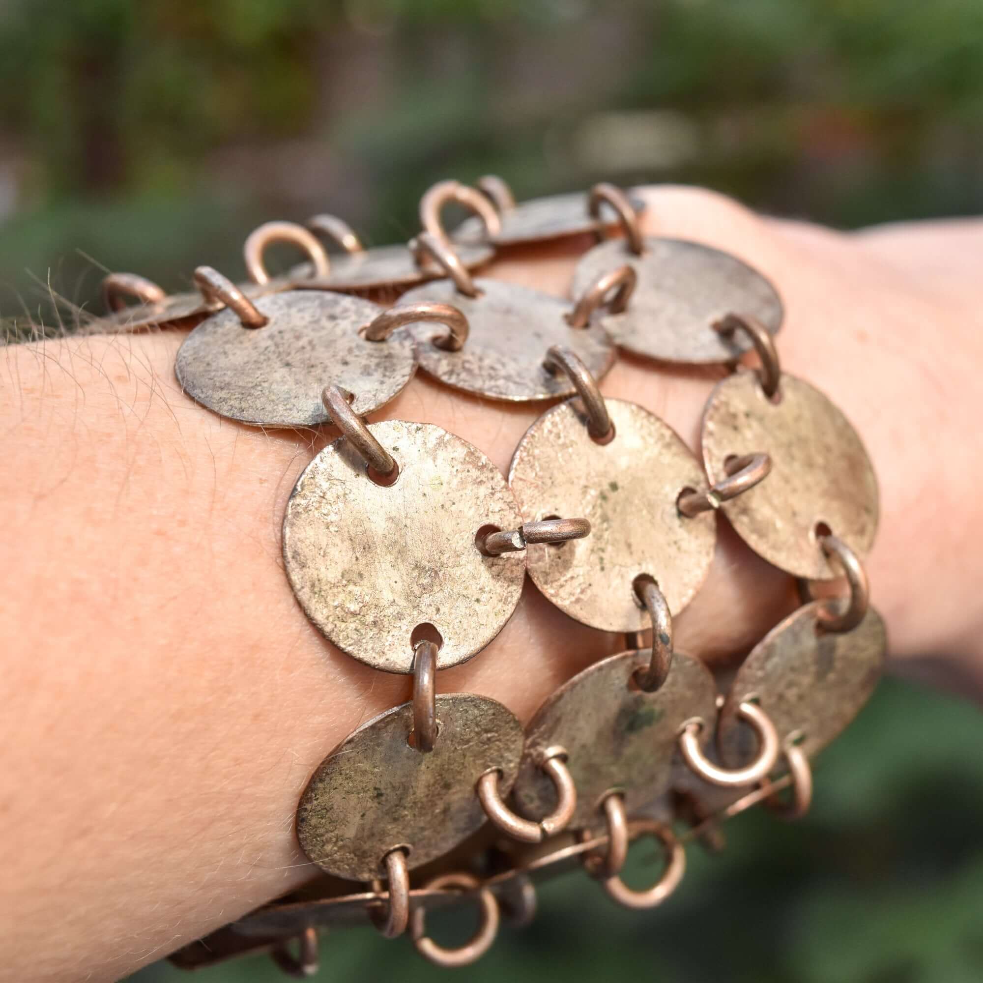 Handmade Mixed Metal Hammered Disc Bracelet, Wide 3-Row Chainmail Cuff, Bohemian Jewelry, 7" L