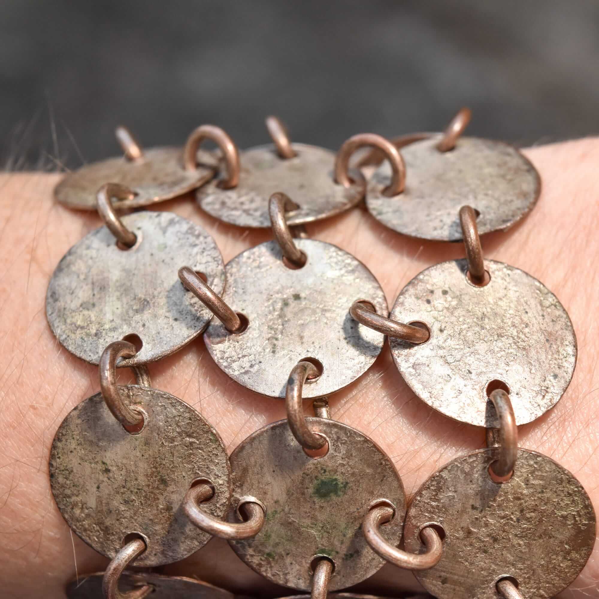 Handmade Mixed Metal Hammered Disc Bracelet, Wide 3-Row Chainmail Cuff, Bohemian Jewelry, 7" L