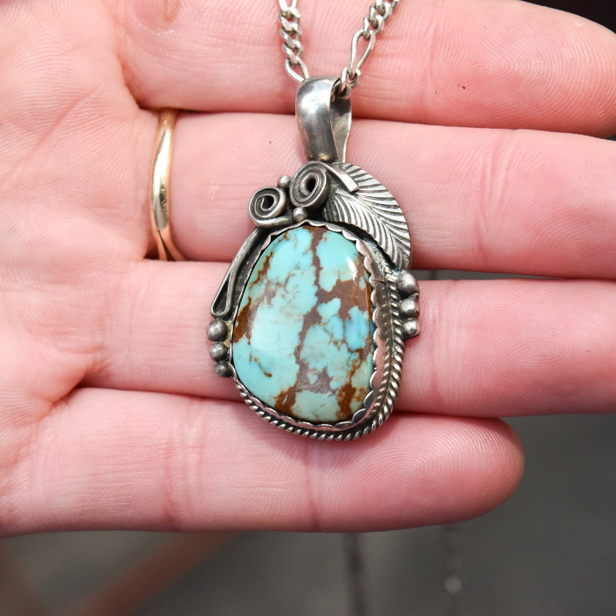 Signed Native American Turquoise Pendant In Sterling Silver, Leaf Swirl Motifs, Navajo Jewelry, 1.75" L