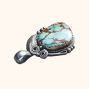 Signed Native American Turquoise Pendant In Sterling Silver, Leaf Swirl Motifs, Navajo Jewelry, 1.75" L
