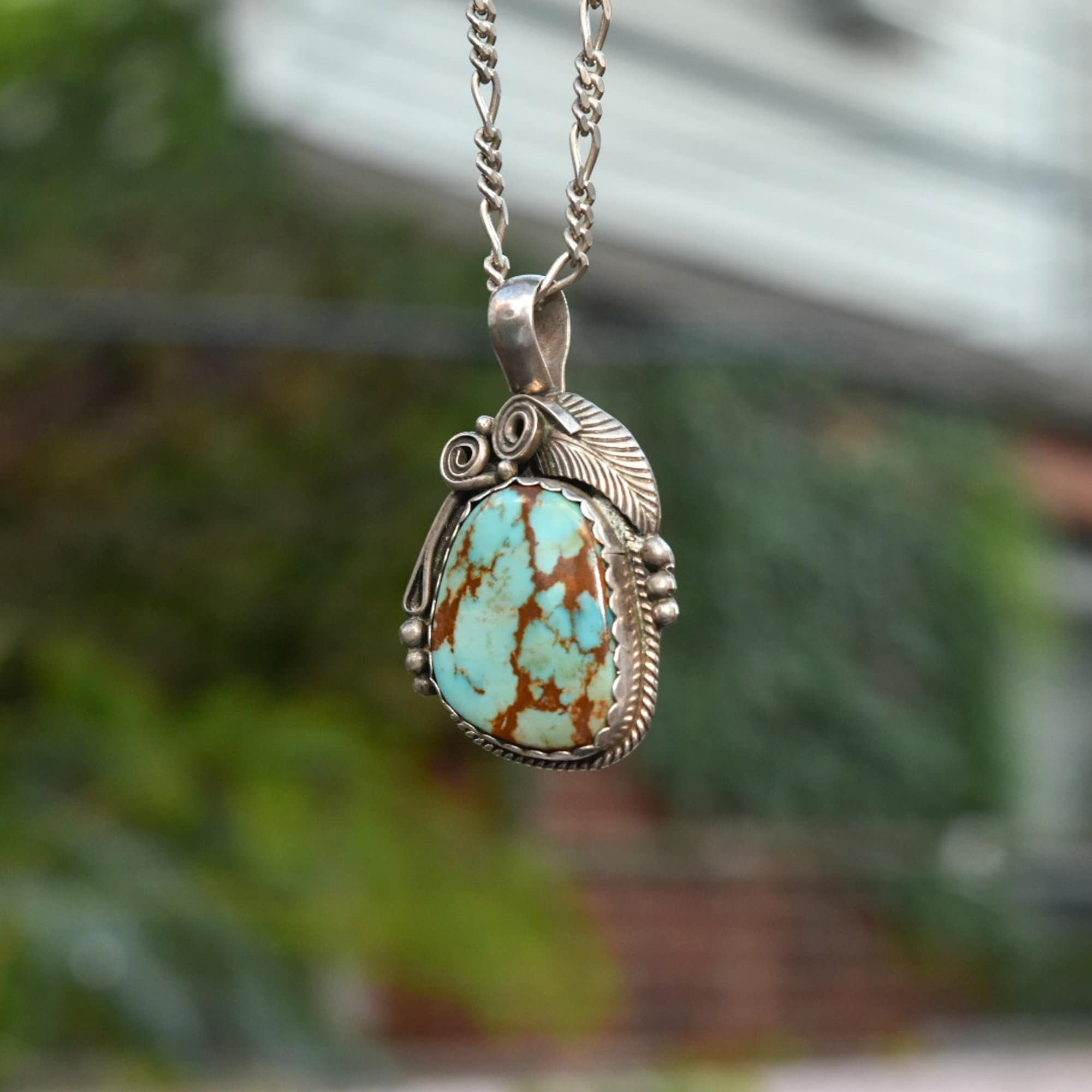 Signed Native American Turquoise Pendant In Sterling Silver, Leaf Swirl Motifs, Navajo Jewelry, 1.75" L