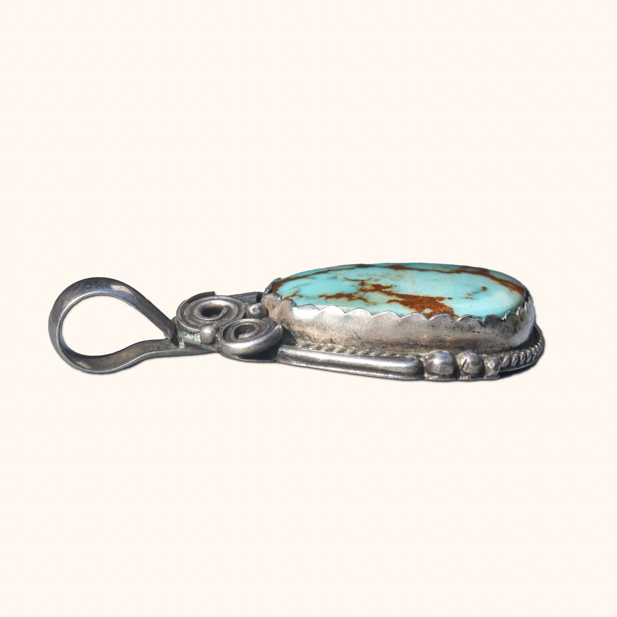 Signed Native American Turquoise Pendant In Sterling Silver, Leaf Swirl Motifs, Navajo Jewelry, 1.75" L