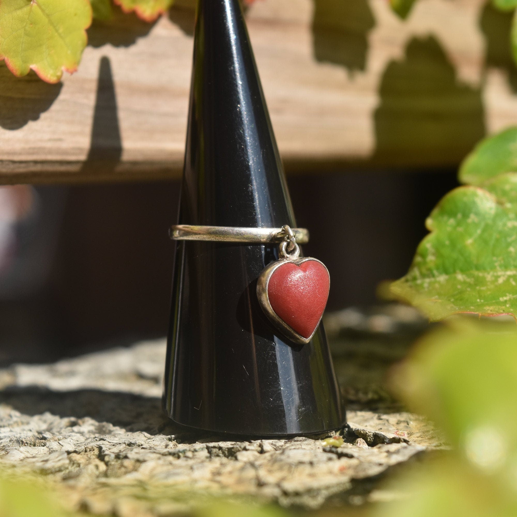 TAXCO Red Jasper Heart Dangle Ring In Sterling Silver, Stacking Ring, Mexican 925 Silver, Size 7 US