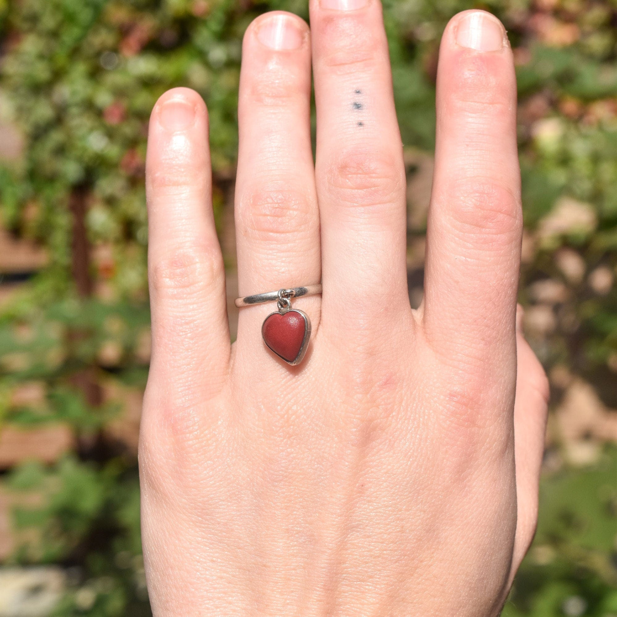TAXCO Red Jasper Heart Dangle Ring In Sterling Silver, Stacking Ring, Mexican 925 Silver, Size 7 US