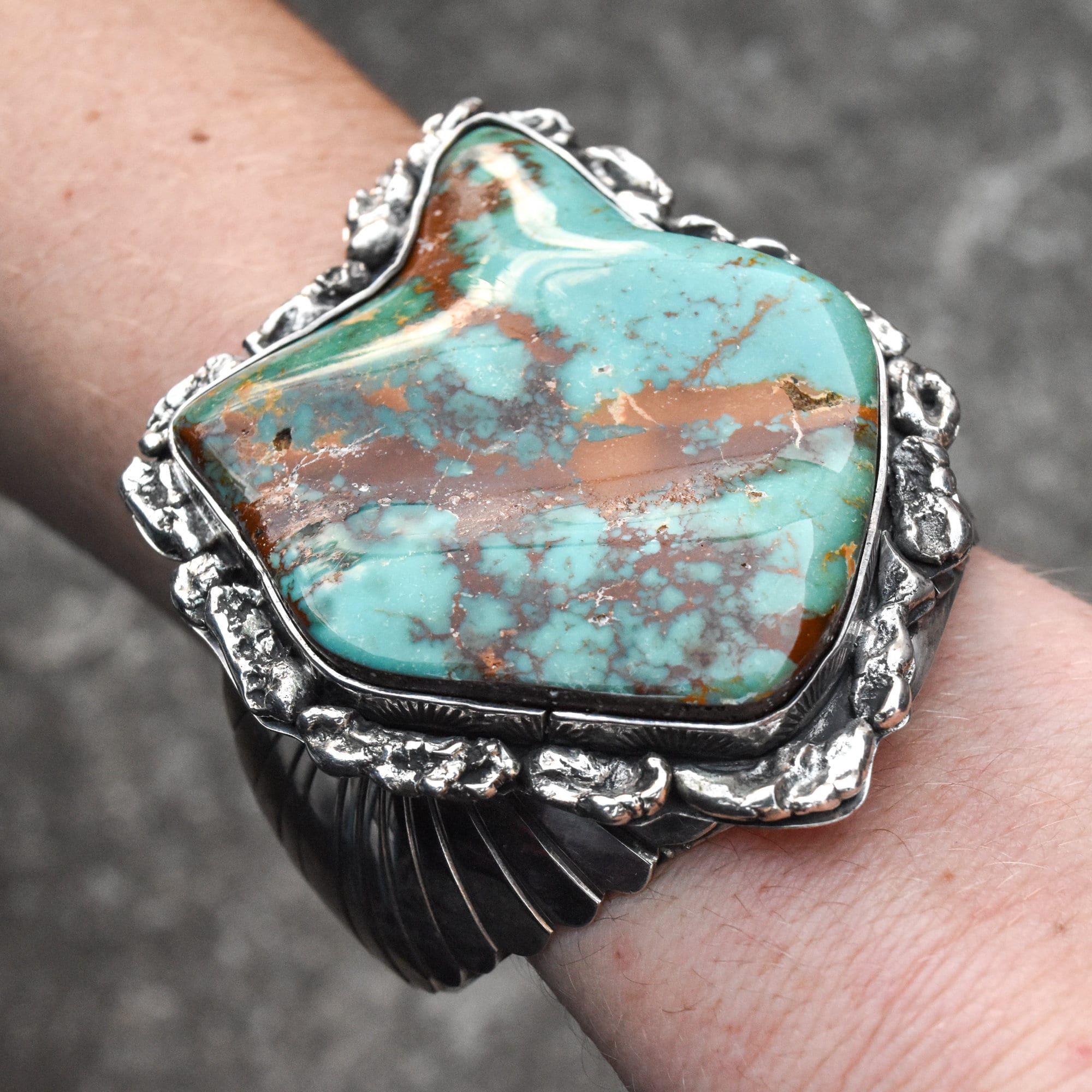 Massive Royston Turquoise Free-Form Sterling Cuff Bracelet By Lee Bennett, Navajo Native American, 5.625"
