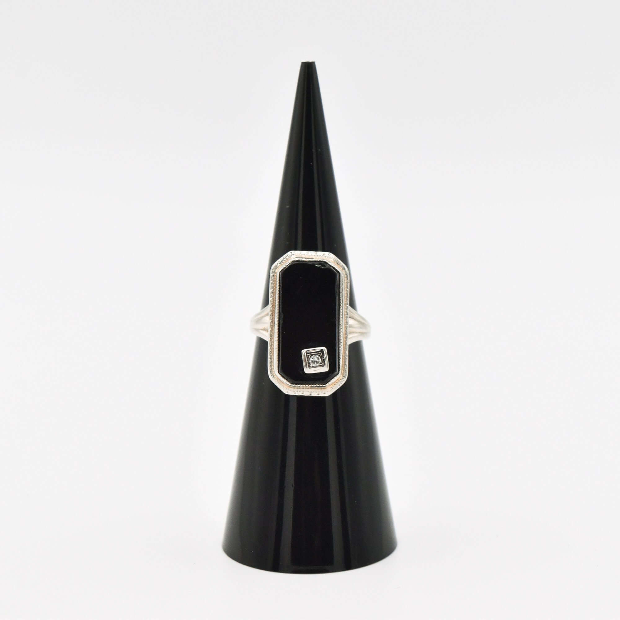 Art Deco 10K White Gold Black Onyx Diamond Ring