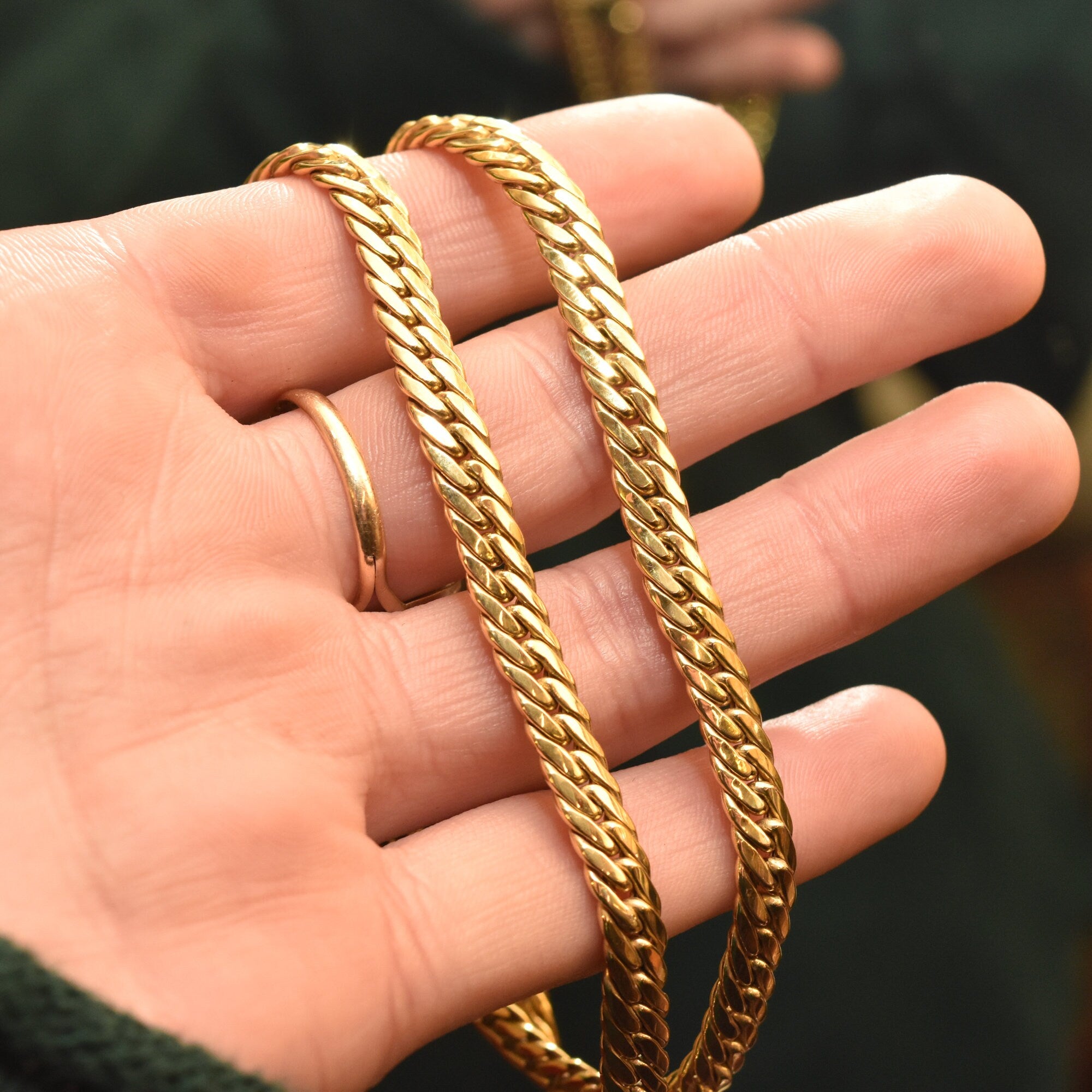 14K Yellow Gold Cuban Chain, 7mm Puffed Curb Link Necklace, Vintage Men's Jewelry, 18" L