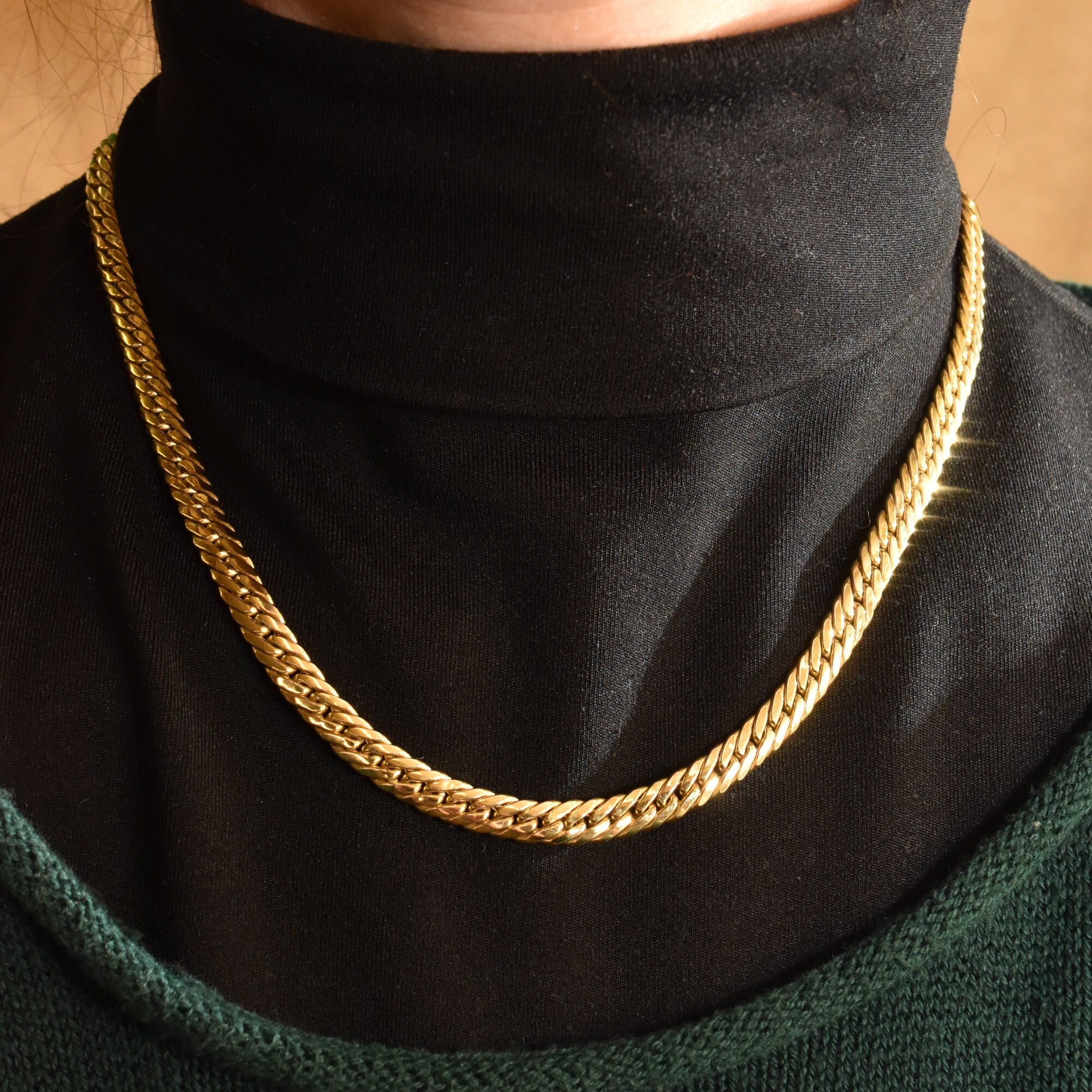 14K Yellow Gold Cuban Chain, 7mm Puffed Curb Link Necklace, Vintage Men's Jewelry, 18" L