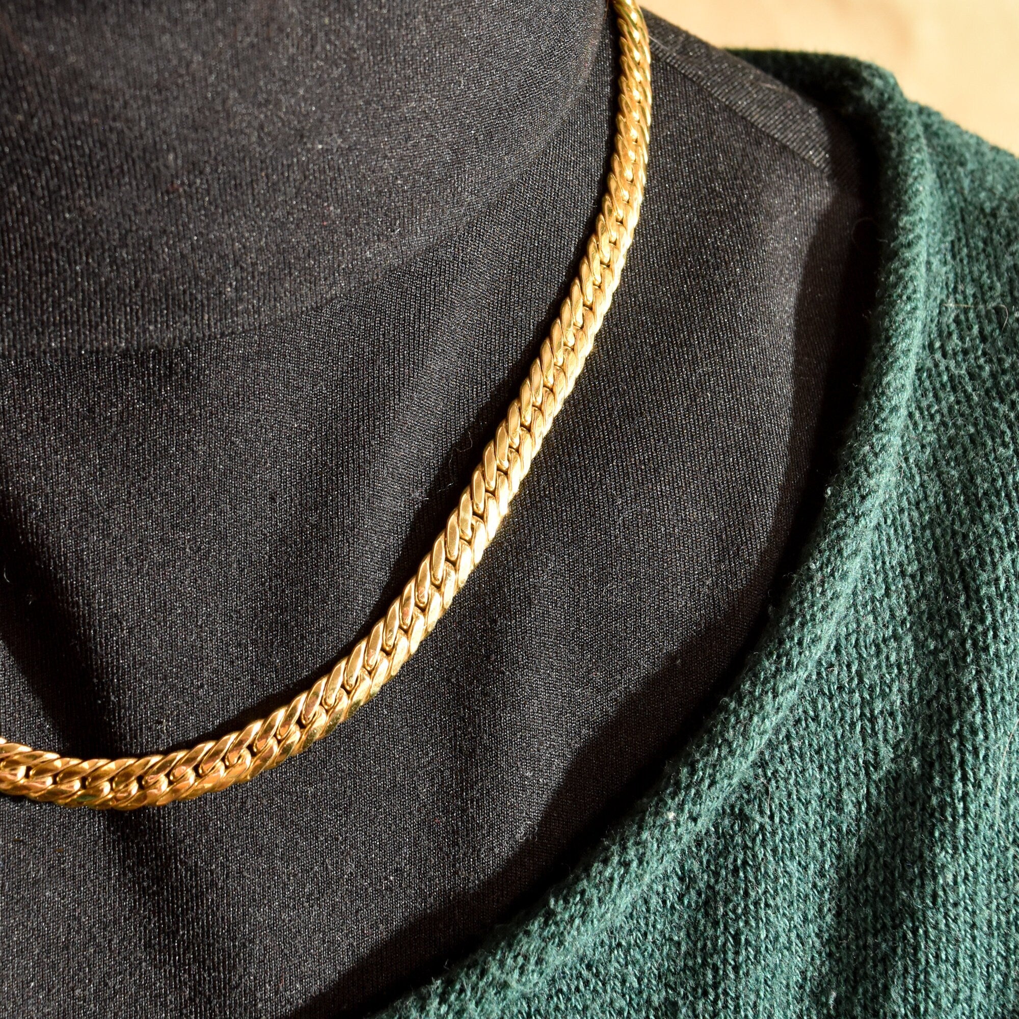 14K Yellow Gold Cuban Chain, 7mm Puffed Curb Link Necklace, Vintage Men's Jewelry, 18" L