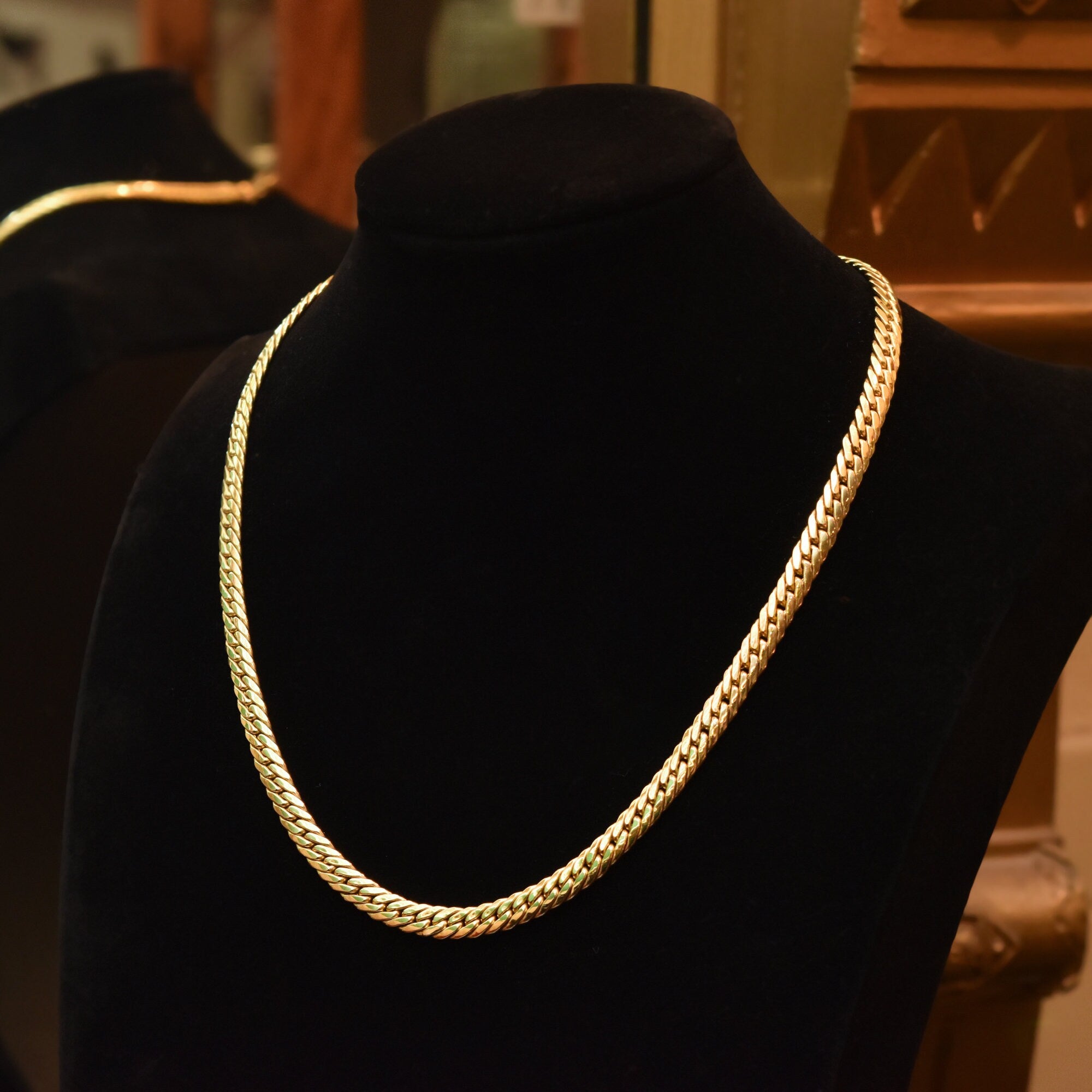 14K Yellow Gold Cuban Chain, 7mm Puffed Curb Link Necklace, Vintage Men's Jewelry, 18" L
