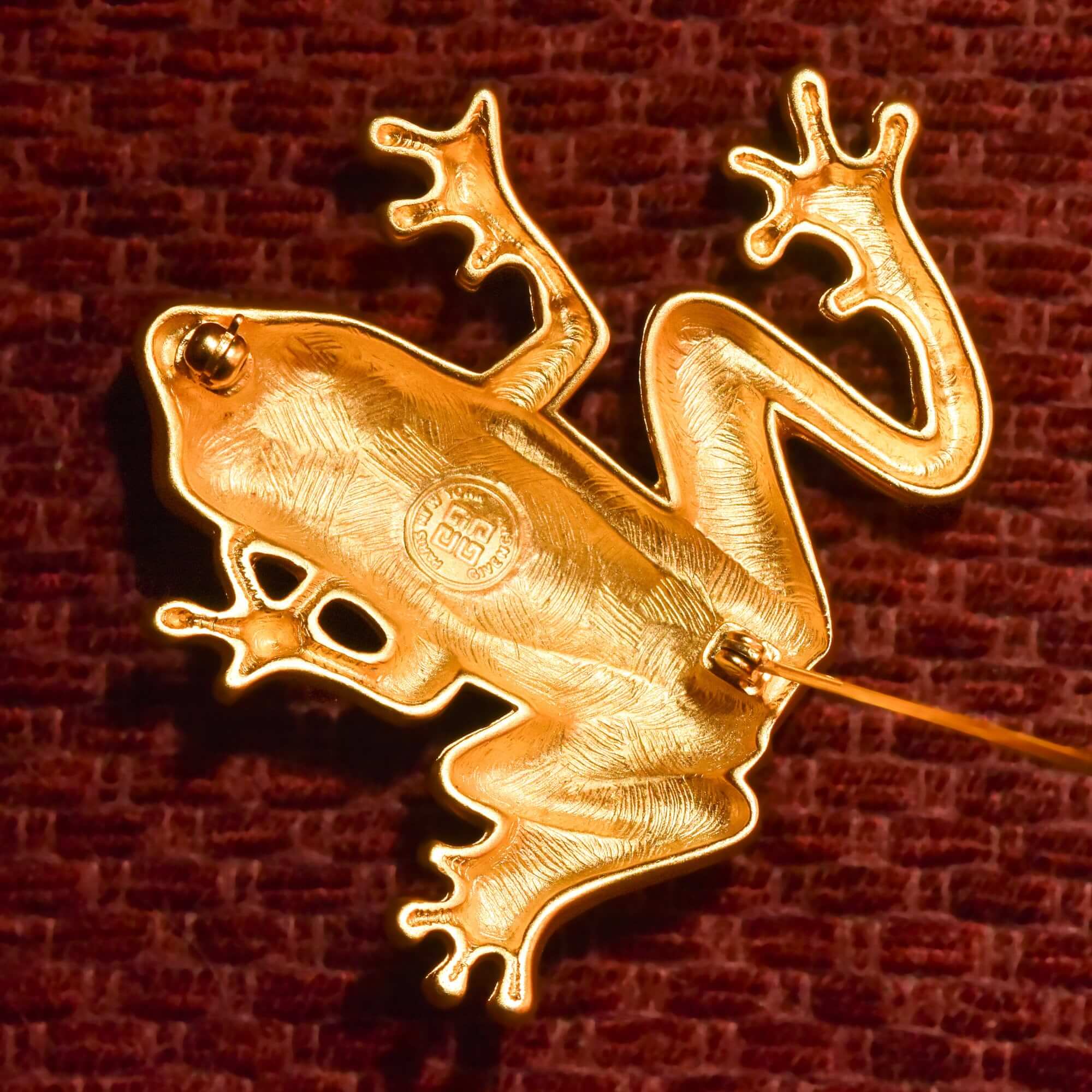 Givenchy Paris Golden Tree Frog Brooch, Satin Gold Plated, Vintage Designer Jewelry, 2.5"