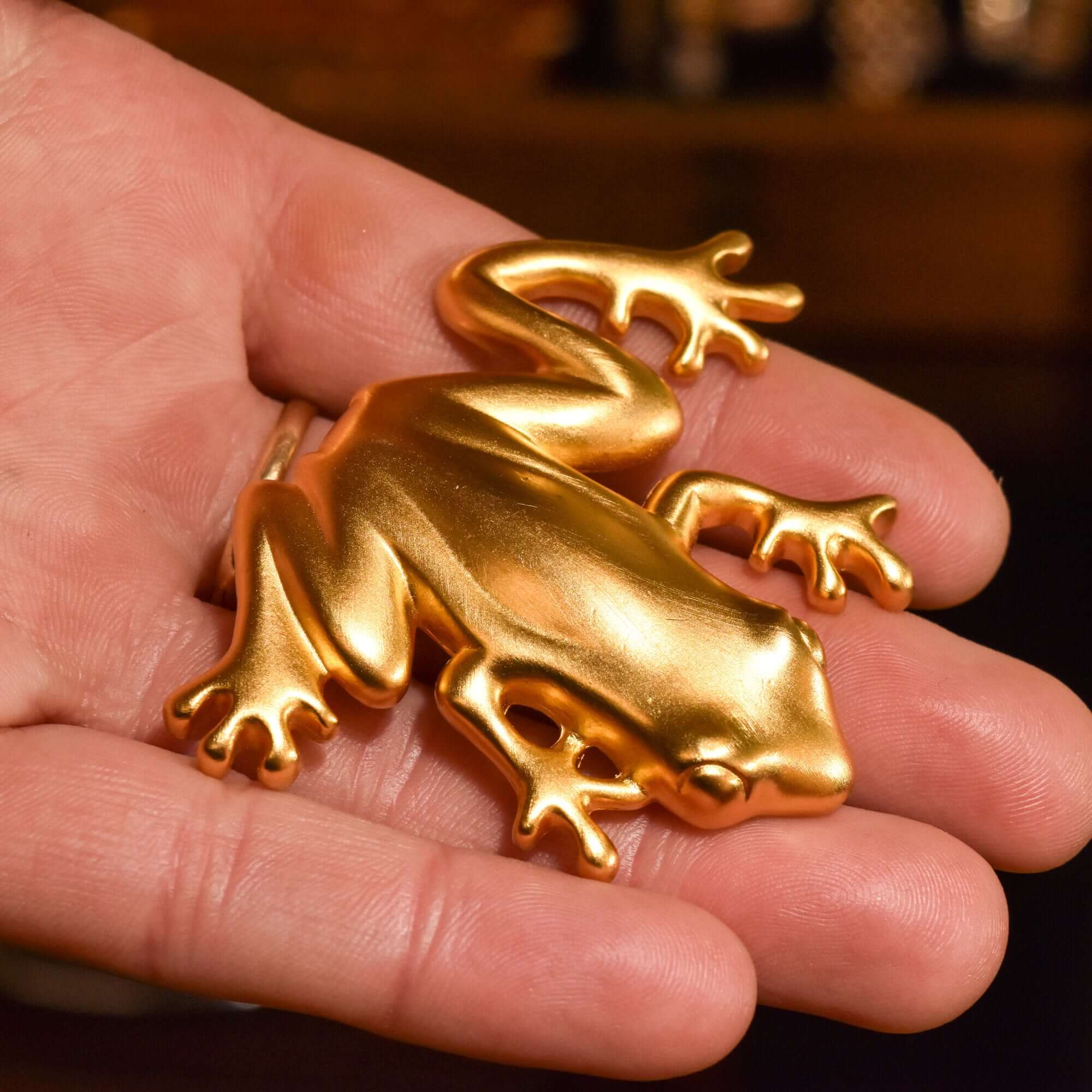Givenchy Paris Golden Tree Frog Brooch, Satin Gold Plated, Vintage Designer Jewelry, 2.5"