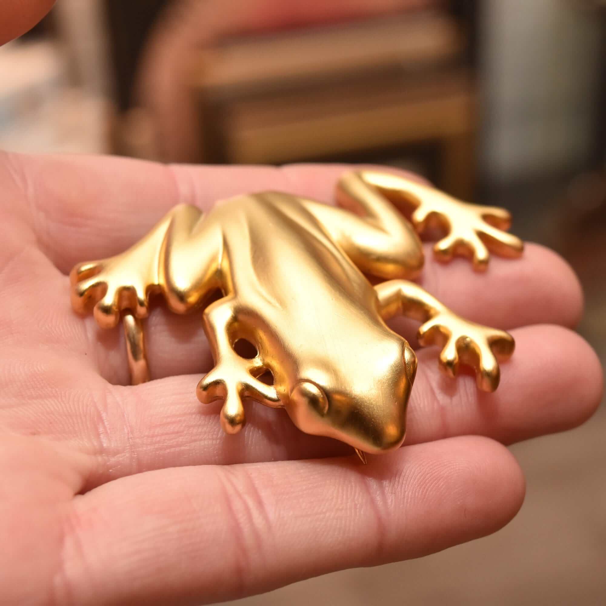 Givenchy Paris Golden Tree Frog Brooch, Satin Gold Plated, Vintage Designer Jewelry, 2.5"