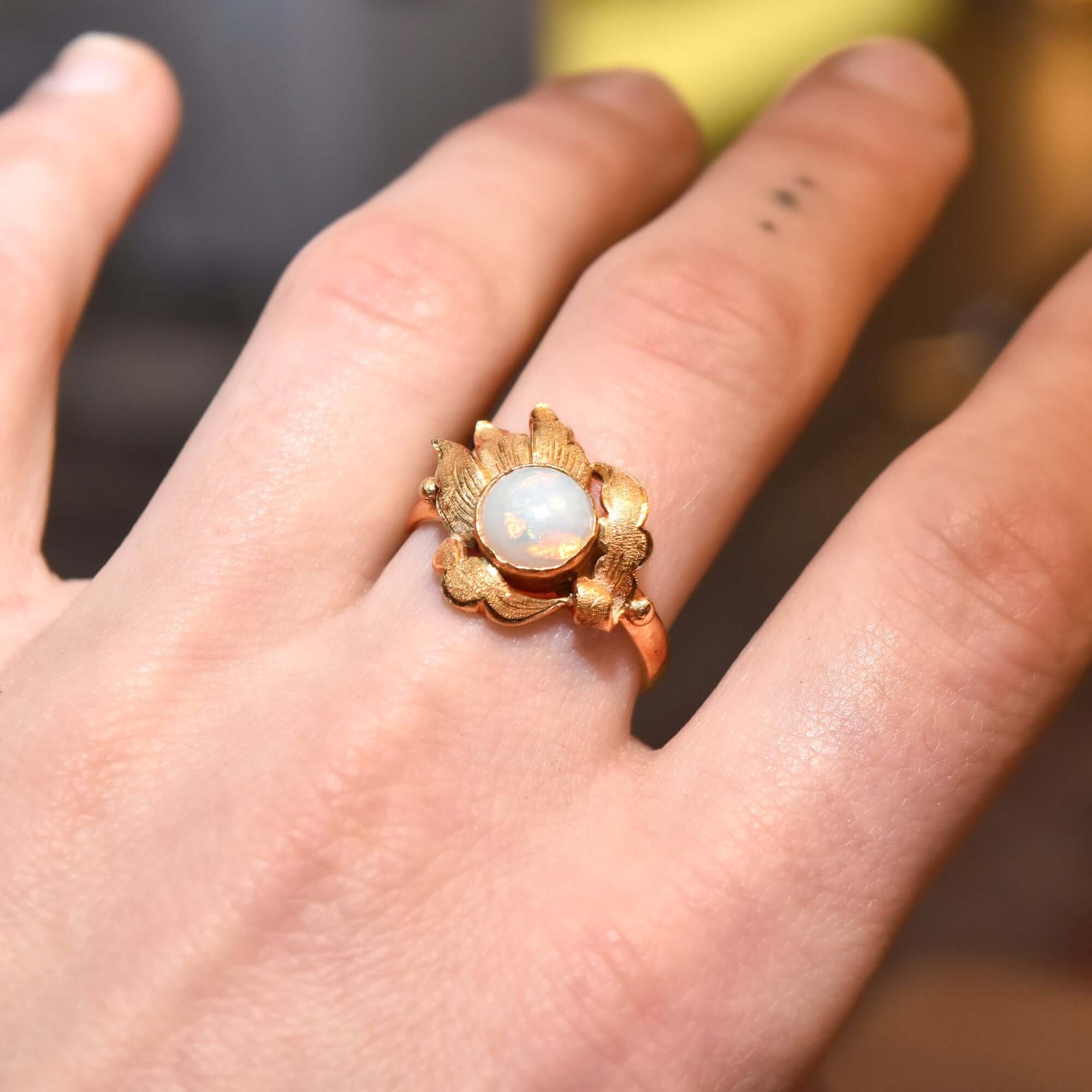 18K Gold Opal Cocktail Ring with Asymmetrical Leaf Setting