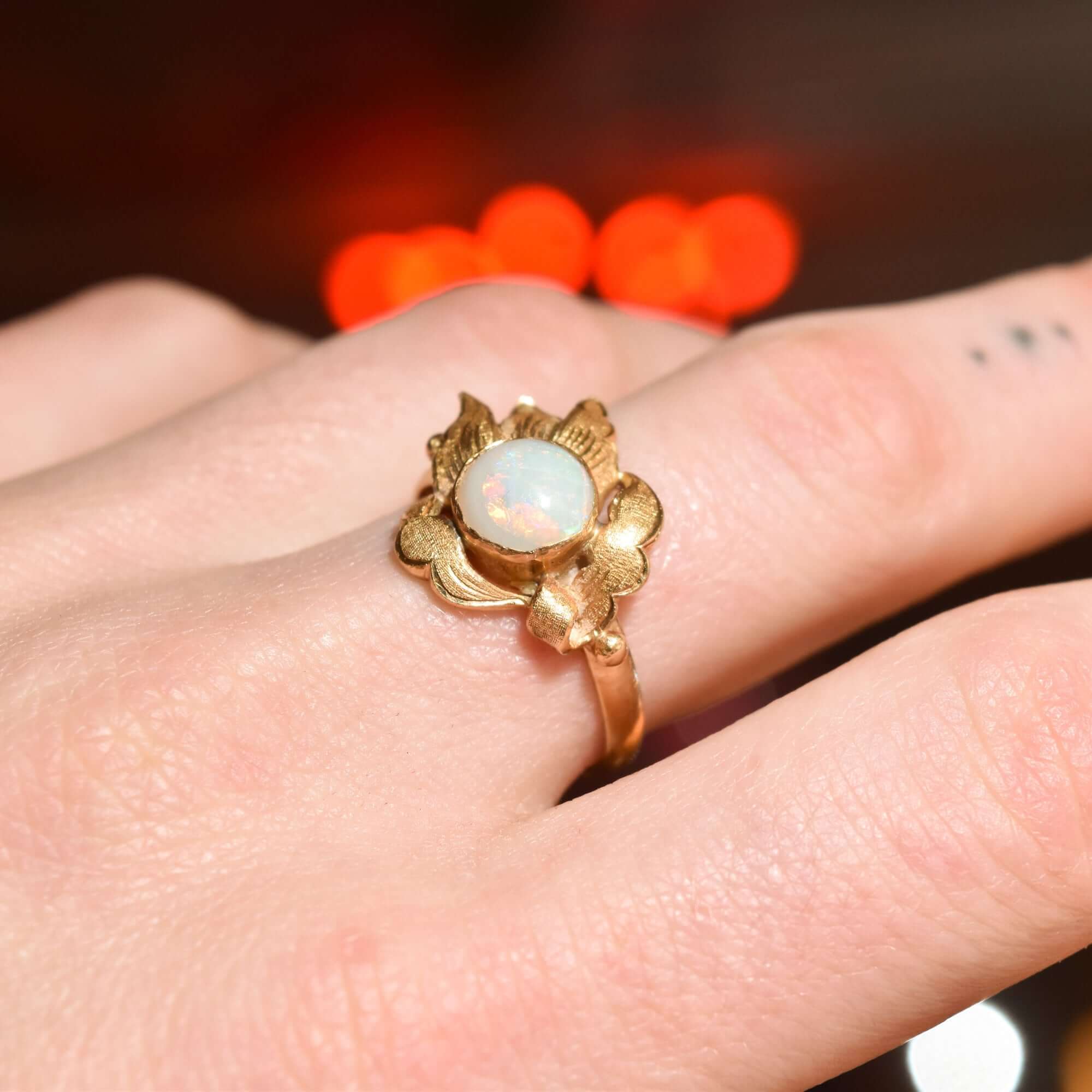 18K Gold Opal Cocktail Ring with Asymmetrical Leaf Setting