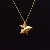 14K Gold Star Pendant Necklace, Asymmetric 5-Pointed Star, 1mm Cable Chain, Christmas Gift, 18.5" L