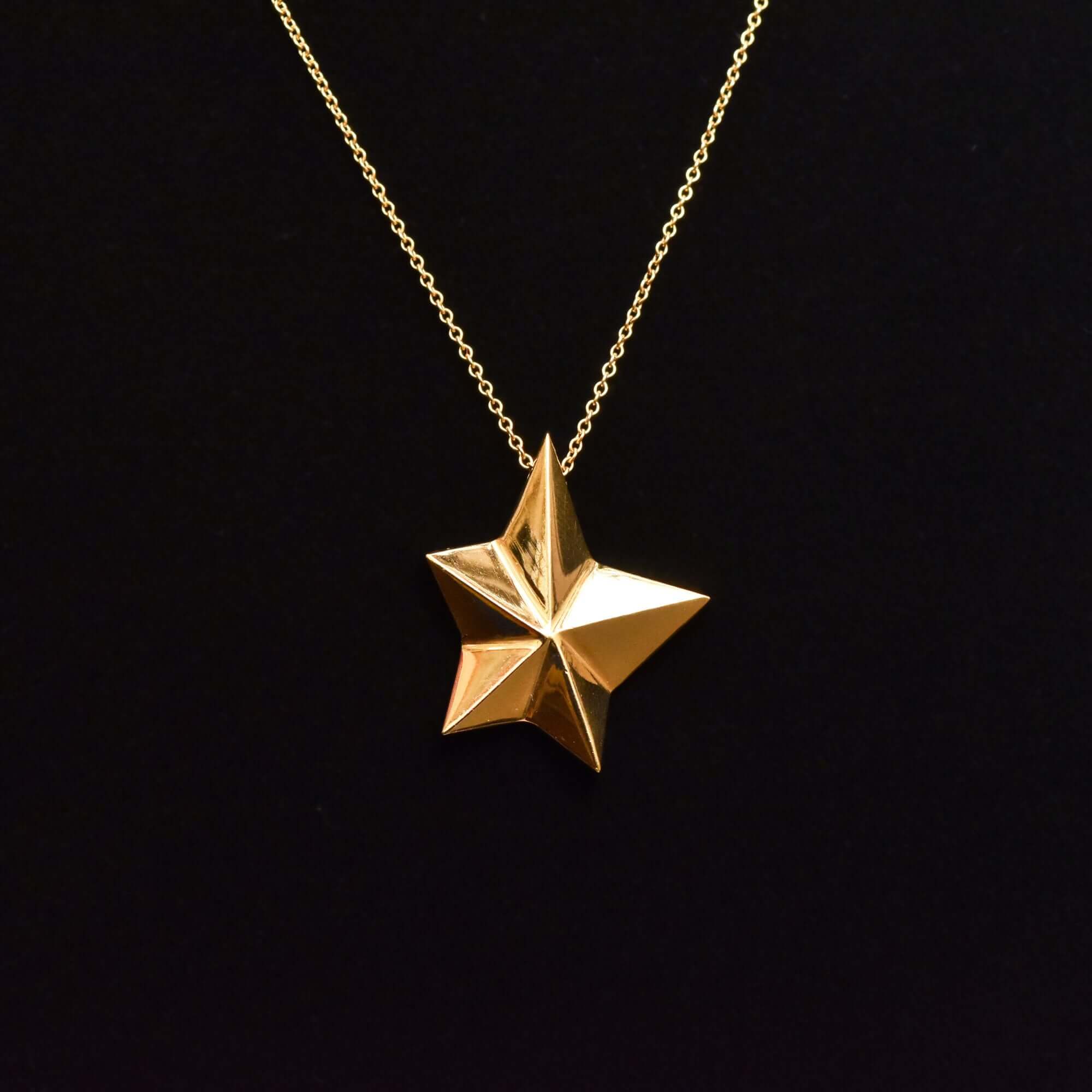 14K Gold Star Pendant Necklace, Asymmetric 5-Pointed Star, 1mm Cable Chain, Christmas Gift, 18.5" L