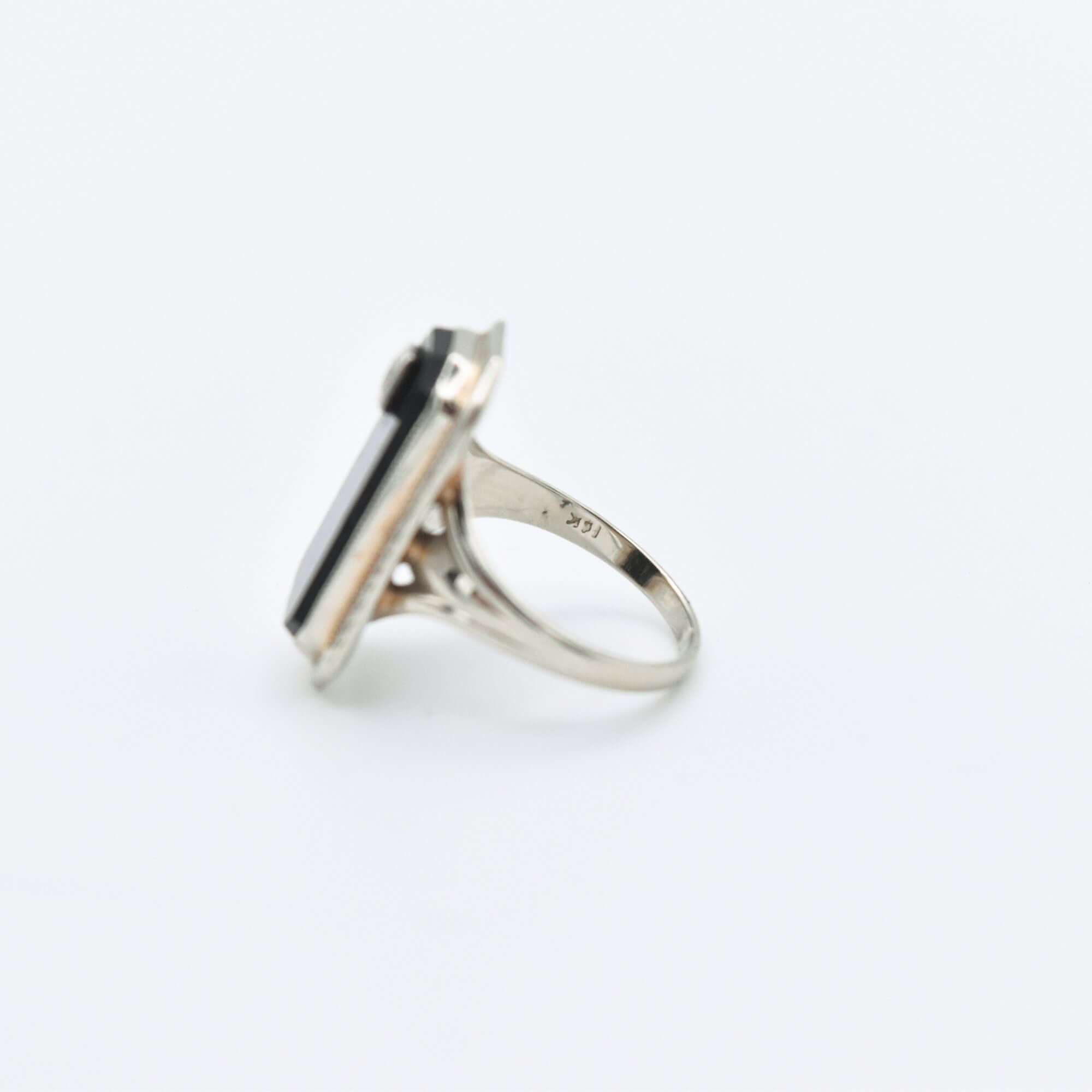 Art Deco 10K White Gold Black Onyx Diamond Ring