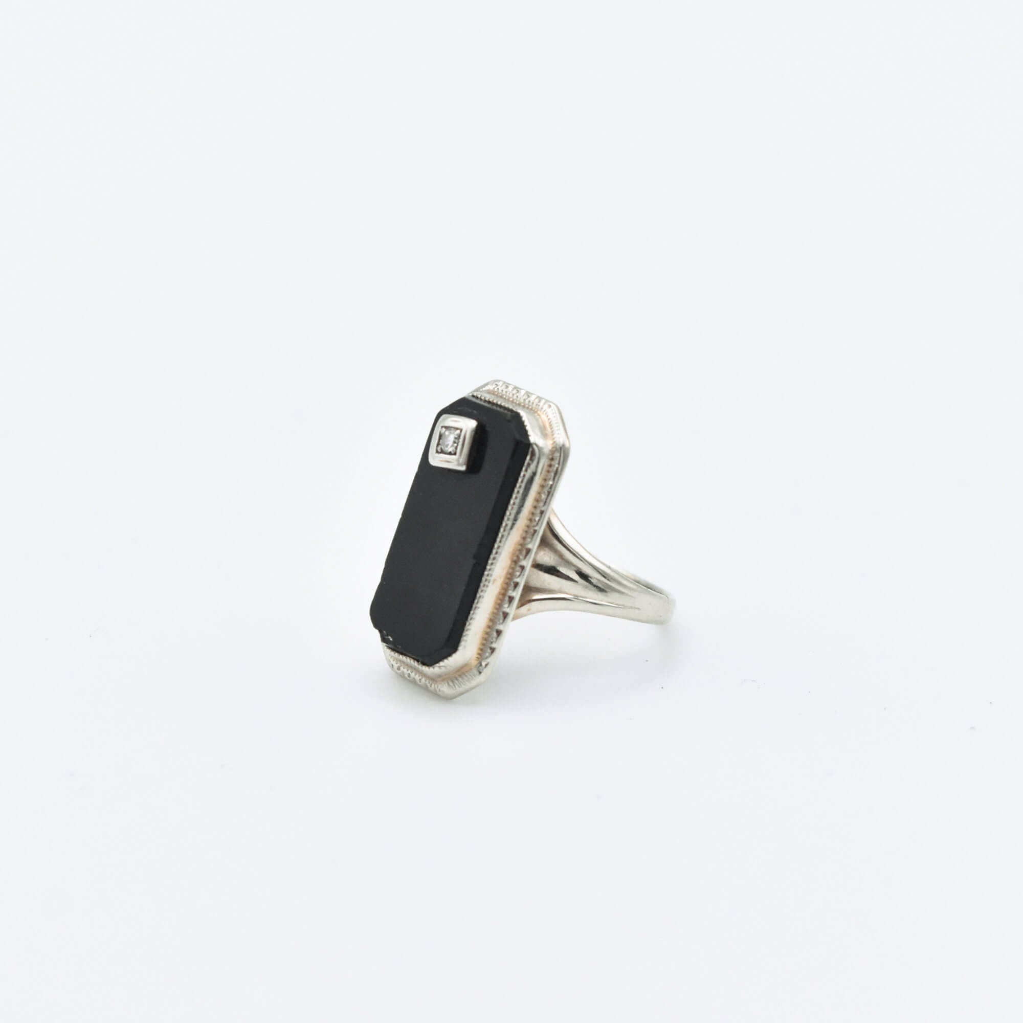Art Deco 10K White Gold Black Onyx Diamond Ring