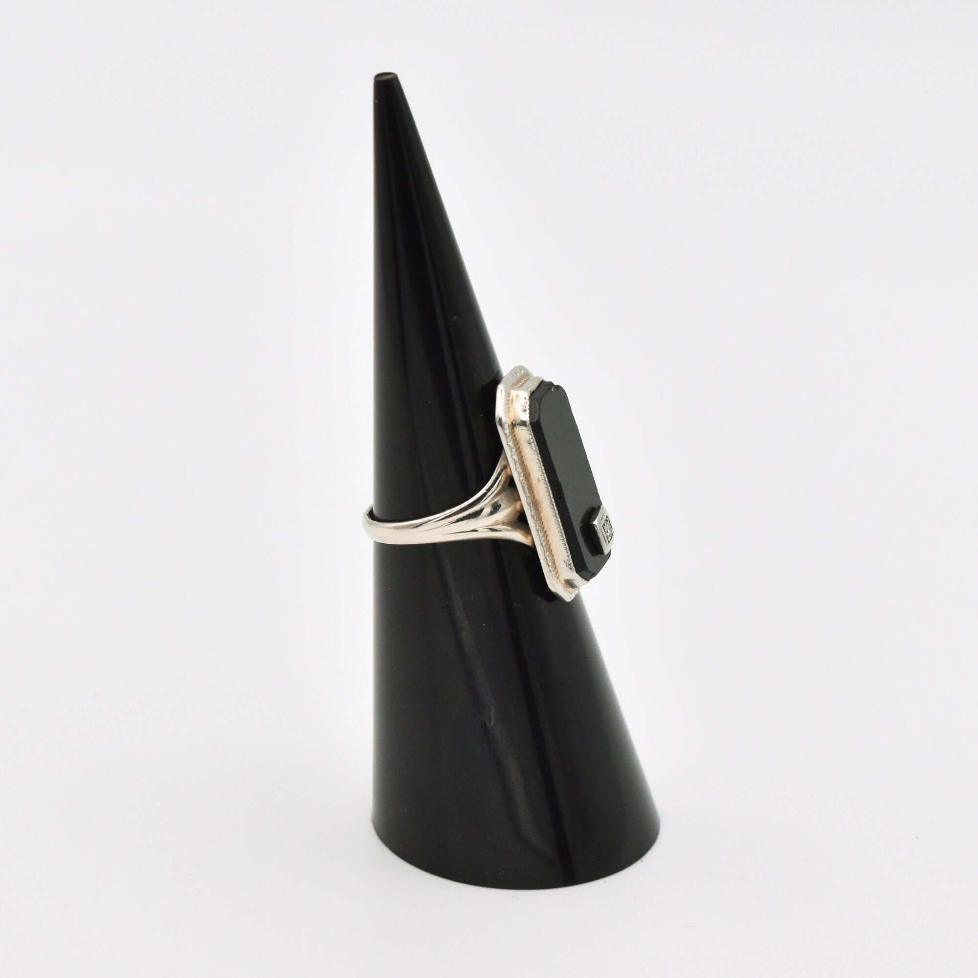 Art Deco 10K White Gold Black Onyx Diamond Ring