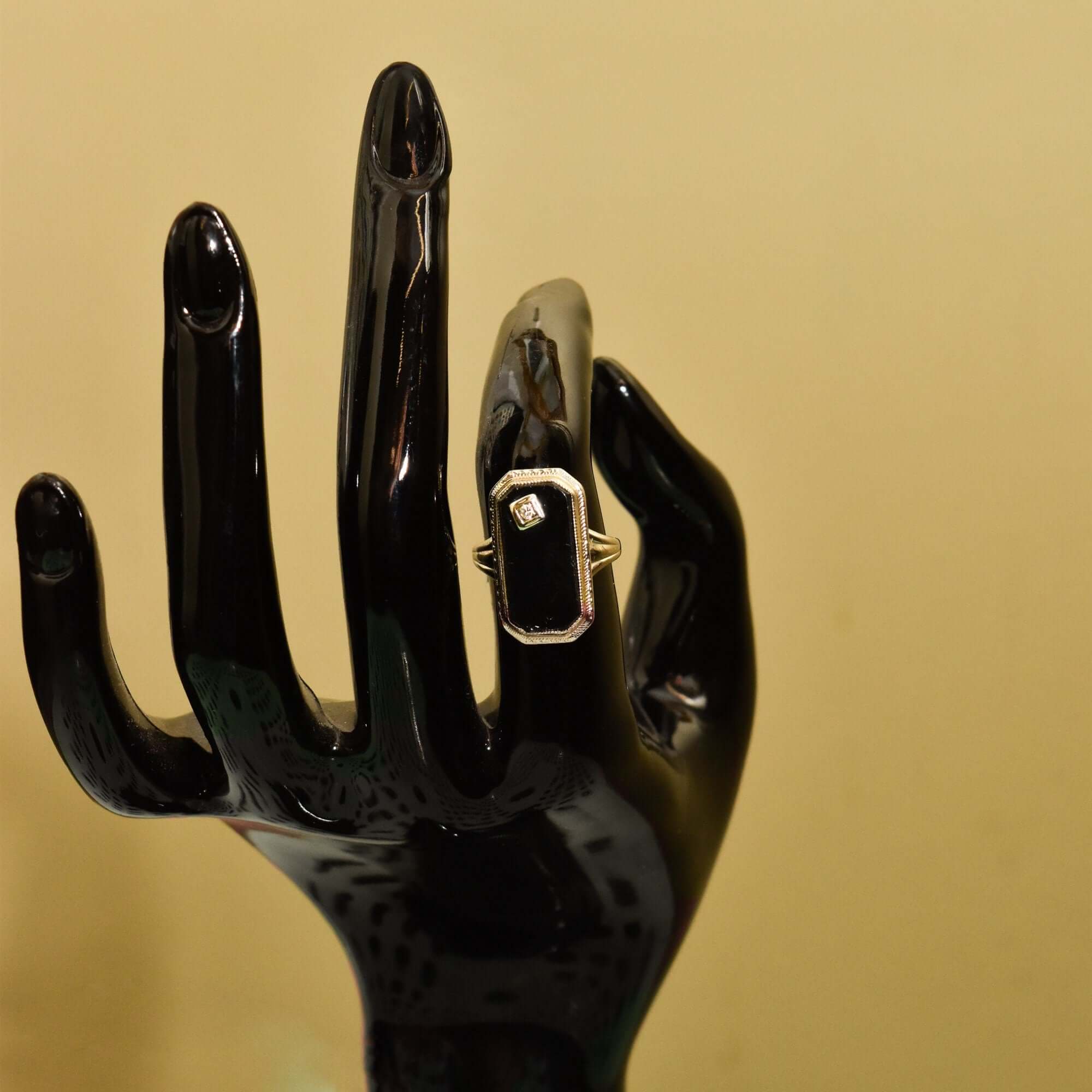 Art Deco 10K White Gold Black Onyx Diamond Ring