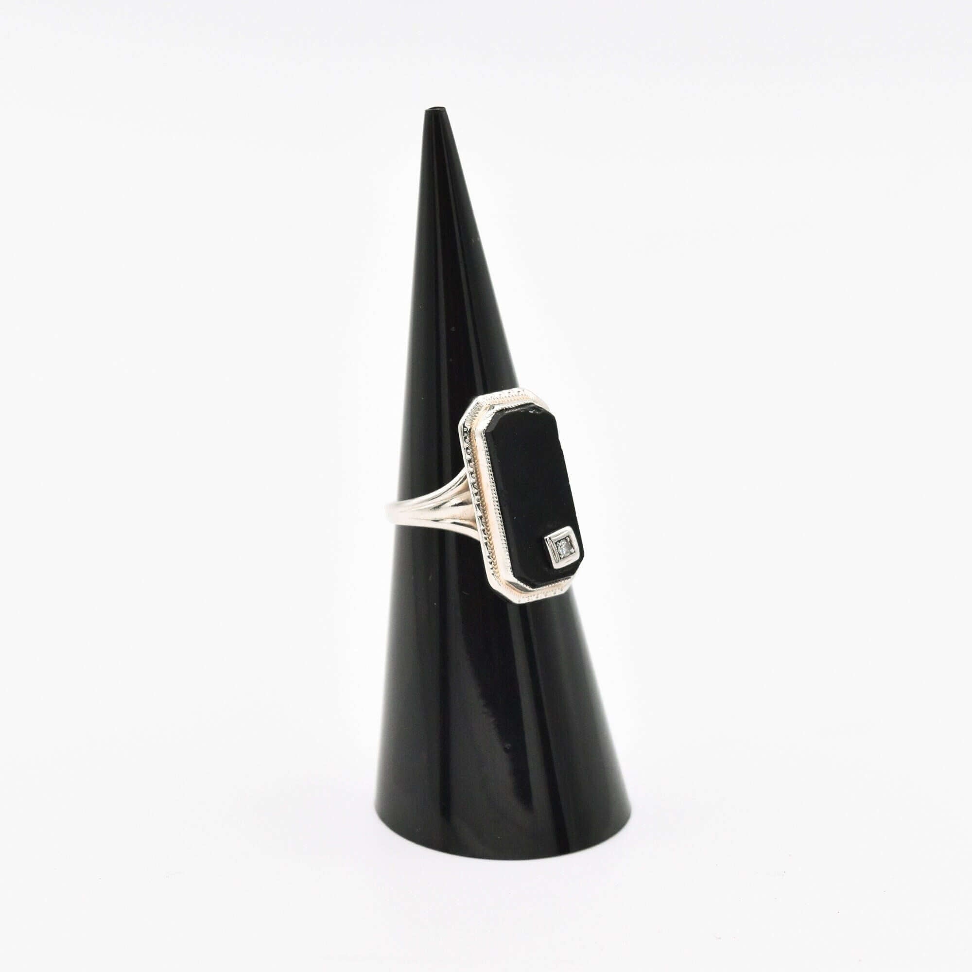 Art Deco 10K White Gold Black Onyx Diamond Ring