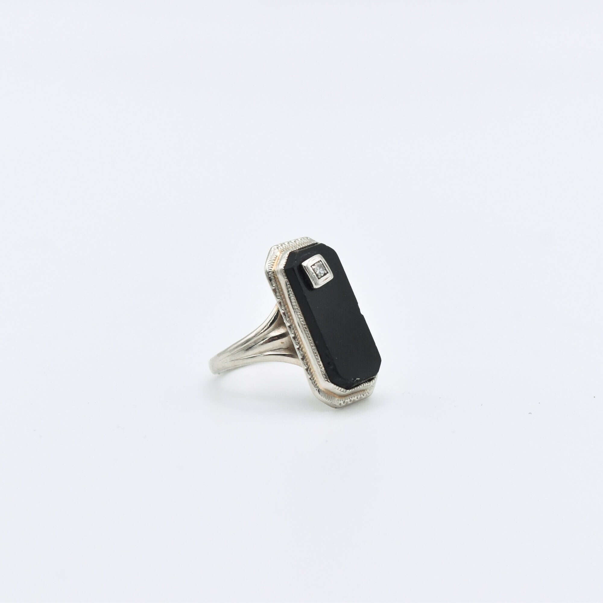 Art Deco 10K White Gold Black Onyx Diamond Ring