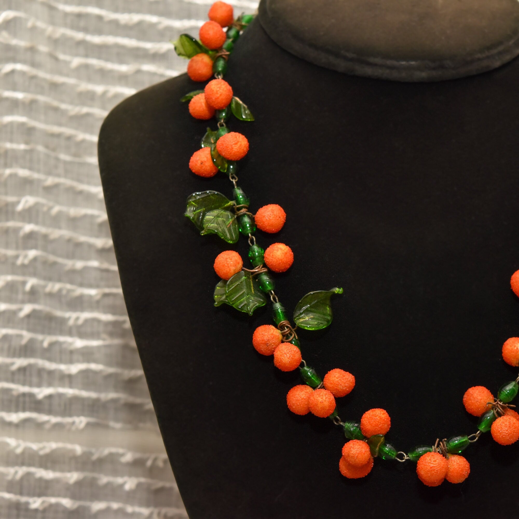 Mid-Century Tutti Frutti Venetian Glass Orange Berry Necklace, Festive Italian Glass Bead Necklace, 18.5" L
