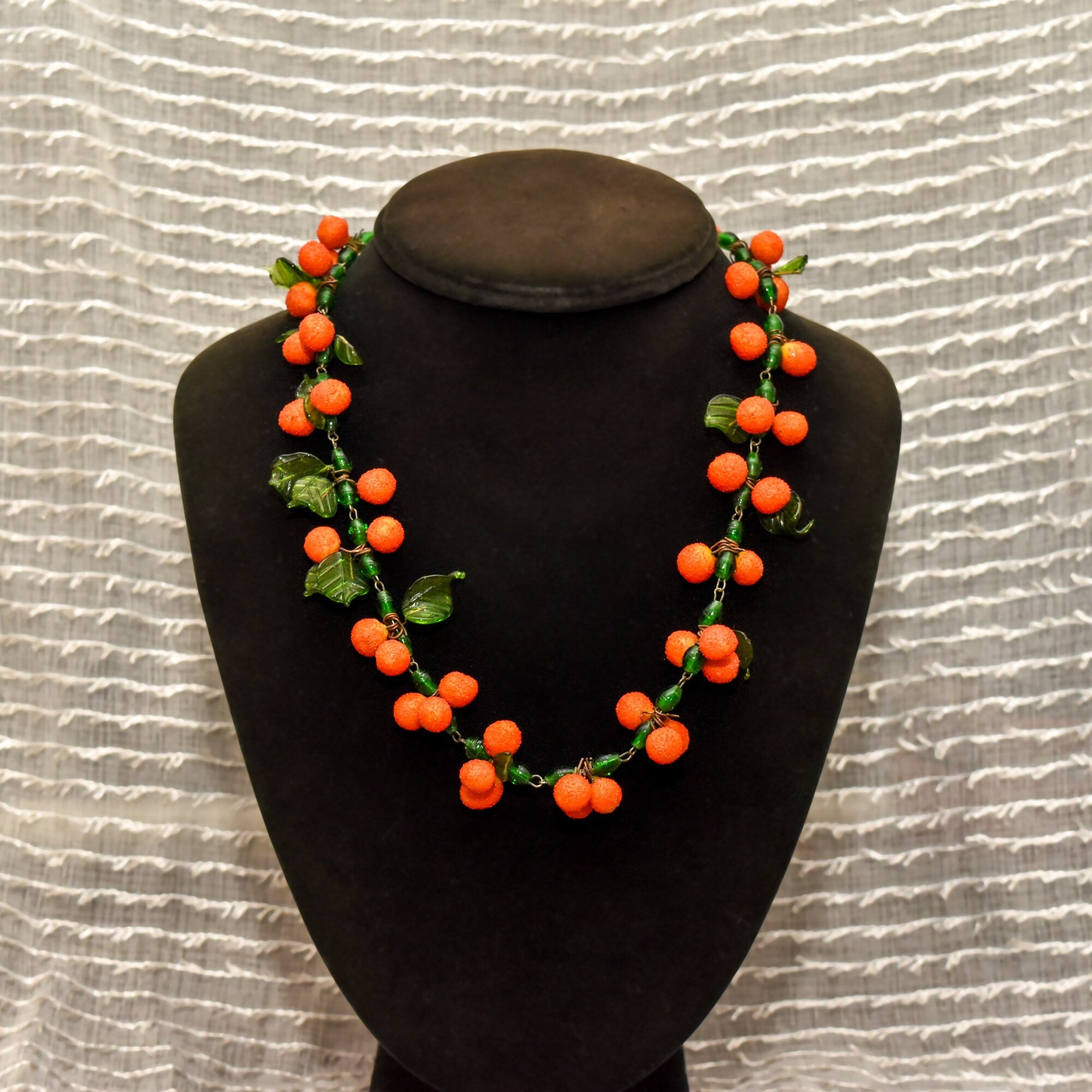 Mid-Century Tutti Frutti Venetian Glass Orange Berry Necklace, Festive Italian Glass Bead Necklace, 18.5" L