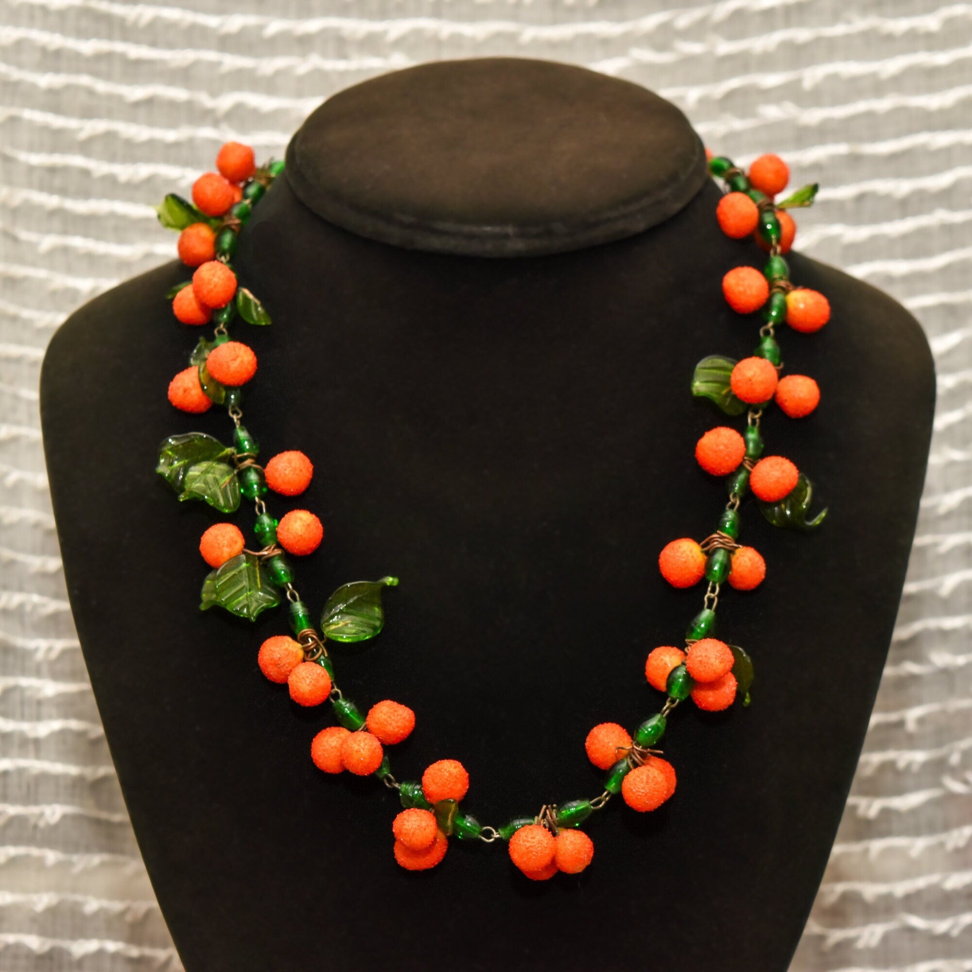 Mid-Century Tutti Frutti Venetian Glass Orange Berry Necklace, Festive Italian Glass Bead Necklace, 18.5" L