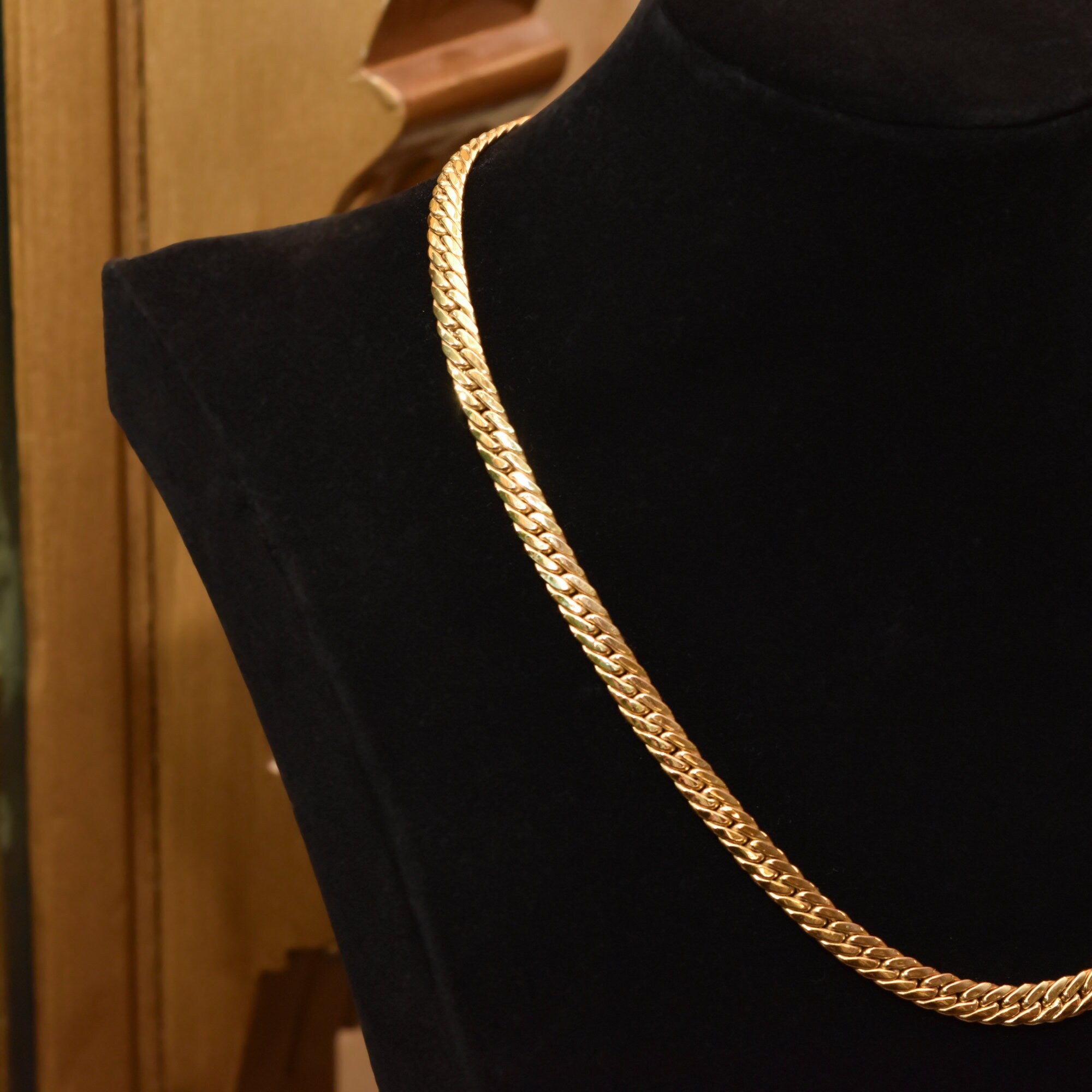 14K Yellow Gold Cuban Chain, 7mm Puffed Curb Link Necklace, Vintage Men's Jewelry, 18" L