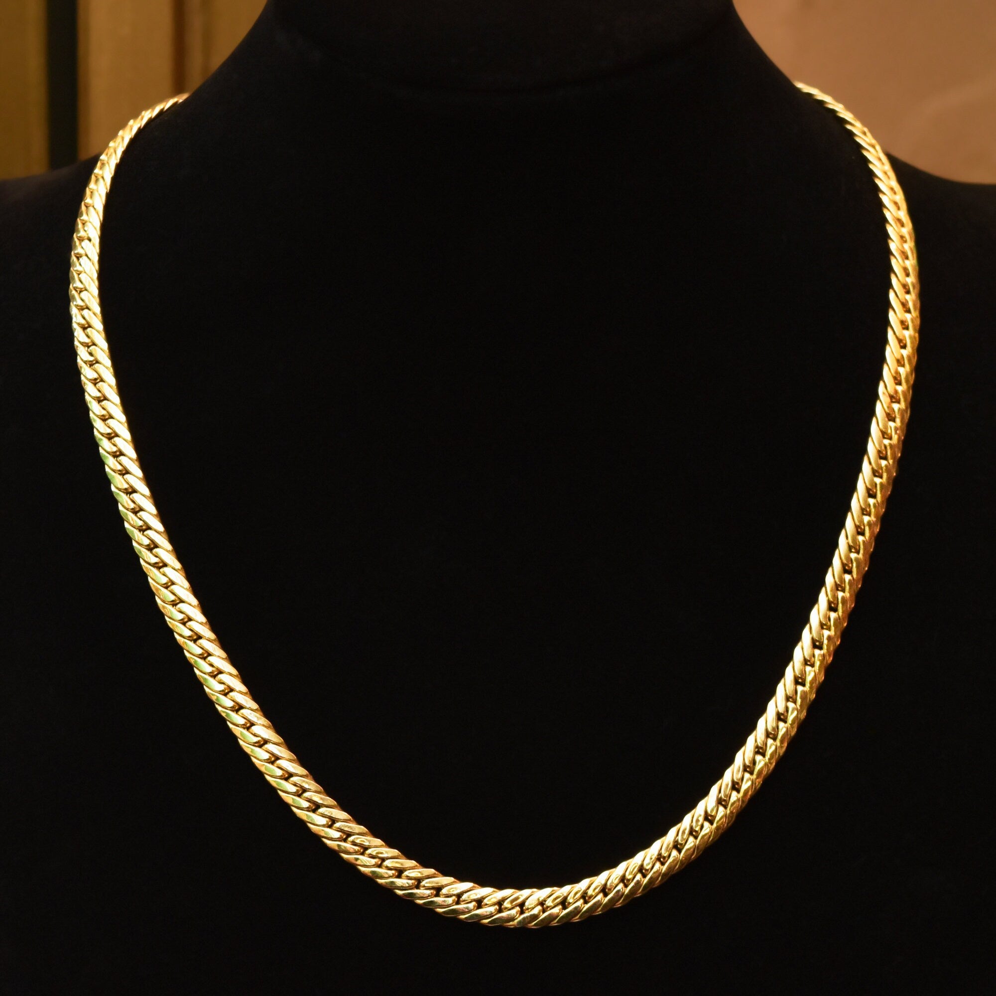 14K Yellow Gold Cuban Chain, 7mm Puffed Curb Link Necklace, Vintage Men's Jewelry, 18" L