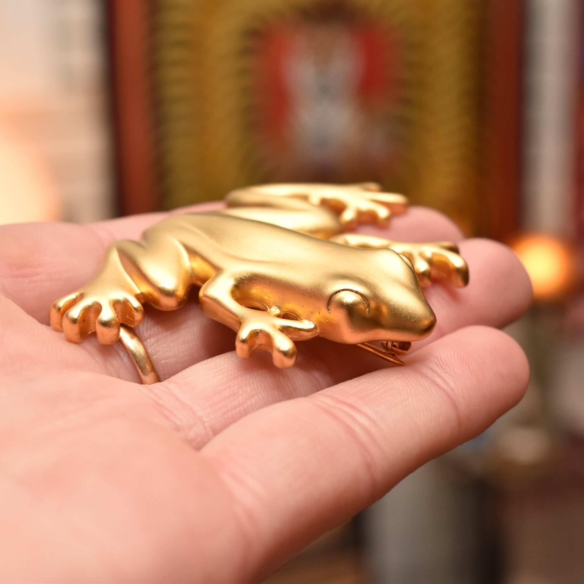 Givenchy Paris Golden Tree Frog Brooch, Satin Gold Plated, Vintage Designer Jewelry, 2.5"