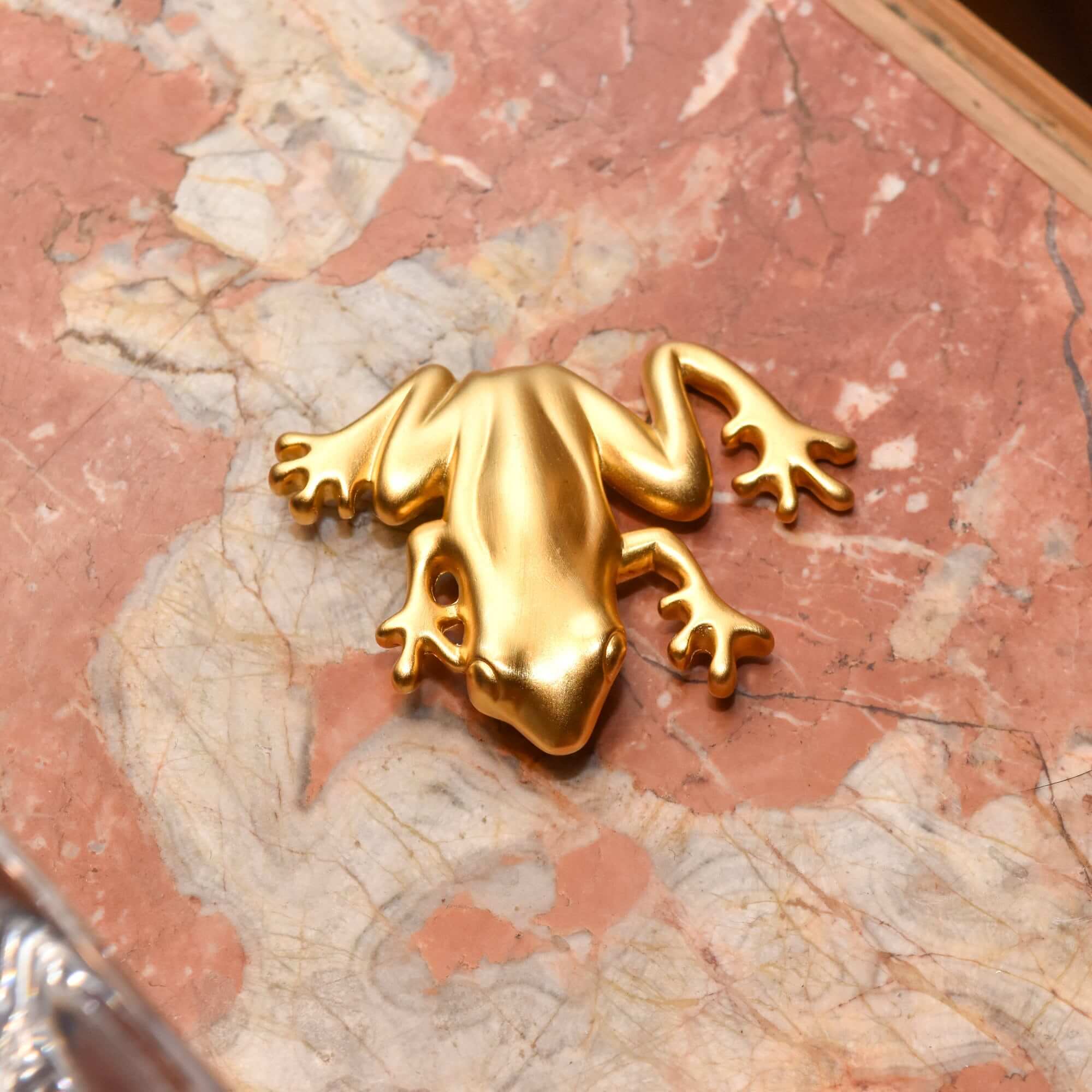 Givenchy Paris Golden Tree Frog Brooch, Satin Gold Plated, Vintage Designer Jewelry, 2.5"