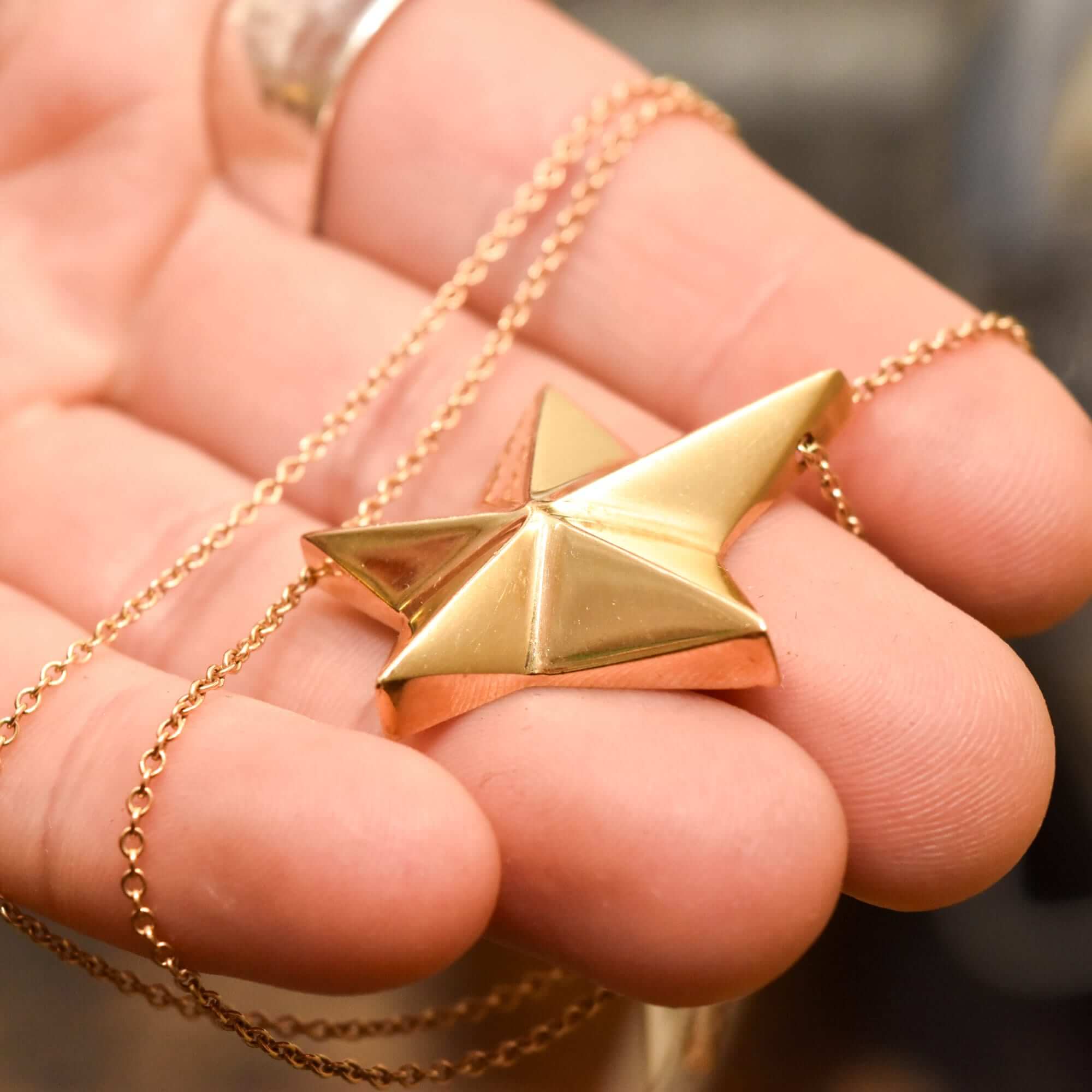 14K Gold Star Pendant Necklace, Asymmetric 5-Pointed Star, 1mm Cable Chain, Christmas Gift, 18.5" L