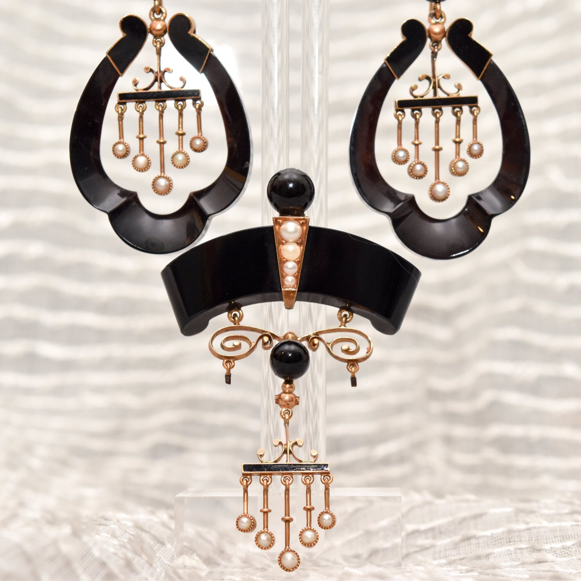 Antique Art Nouveau 14K Onyx & Pearl Earrings With Matching Brooch, Victorian Mourning Jewelry