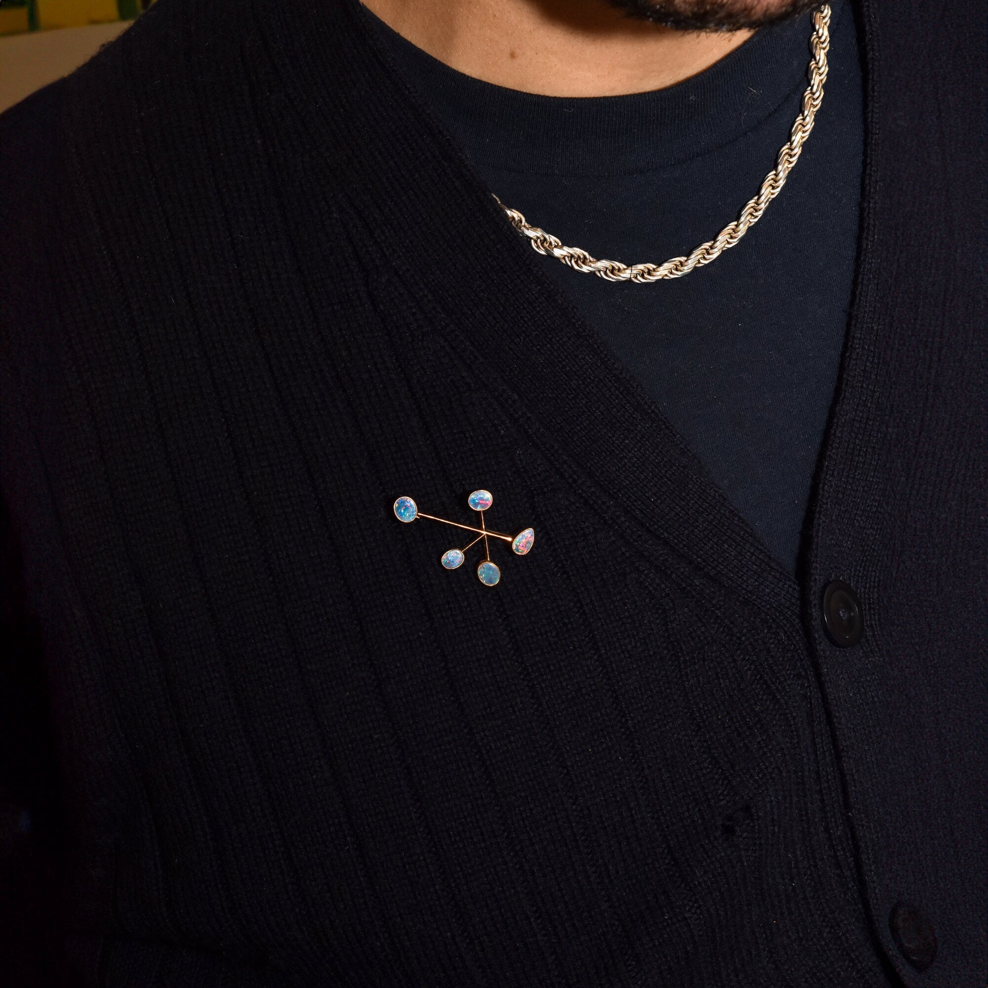 Abstract Modernist 10K Blue Opal Brooch Pendant, 5-Stone Atomic Style Bar Pin, Estate Jewelry