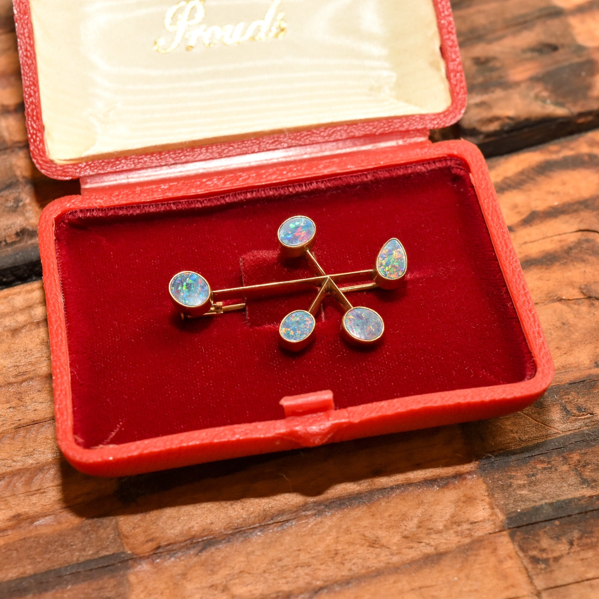 Abstract Modernist 10K Blue Opal Brooch Pendant, 5-Stone Atomic Style Bar Pin, Estate Jewelry