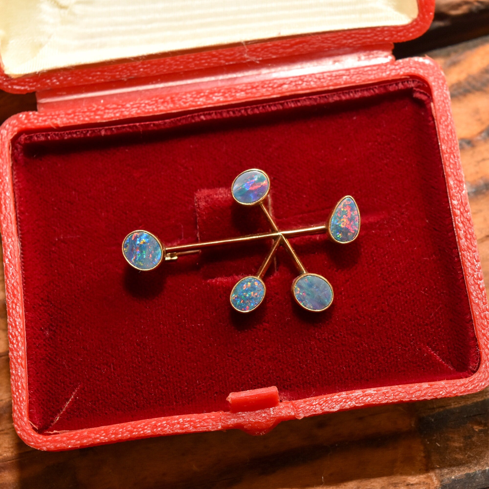 Abstract Modernist 10K Blue Opal Brooch Pendant, 5-Stone Atomic Style Bar Pin, Estate Jewelry