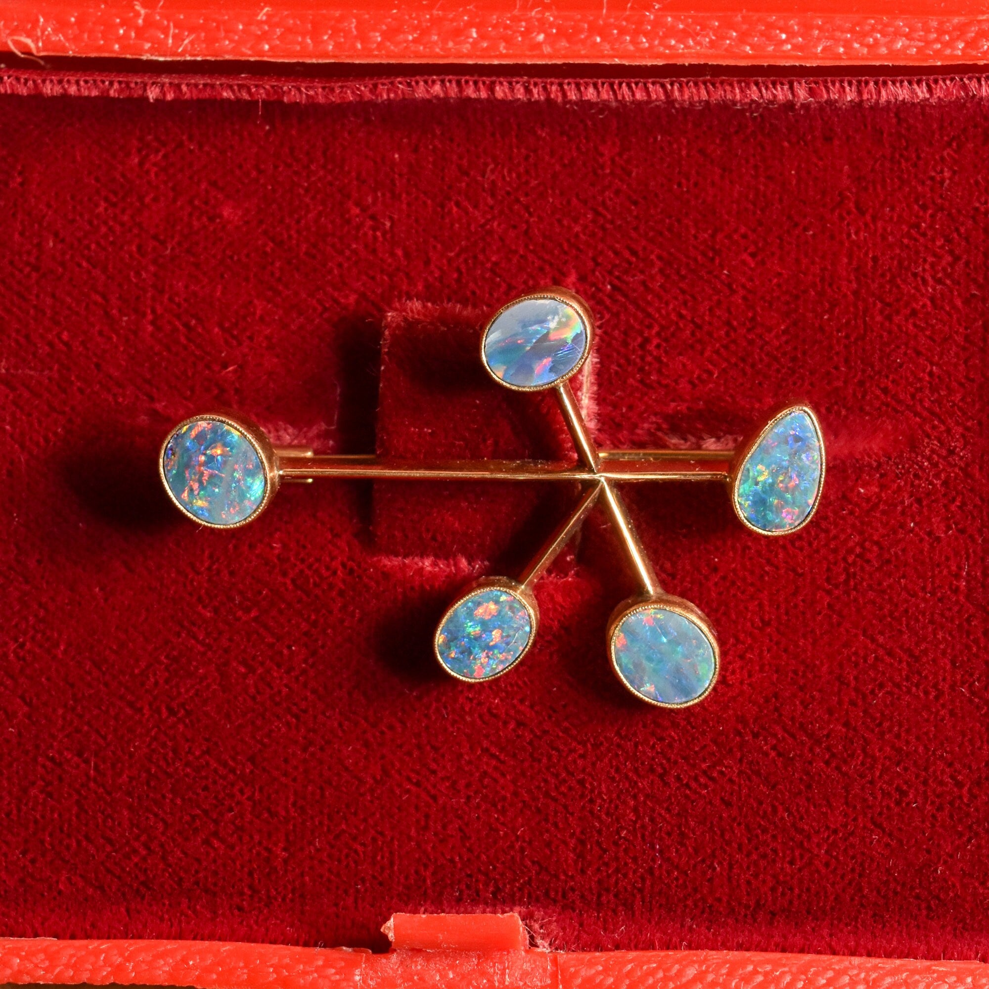 Abstract Modernist 10K Blue Opal Brooch Pendant, 5-Stone Atomic Style Bar Pin, Estate Jewelry